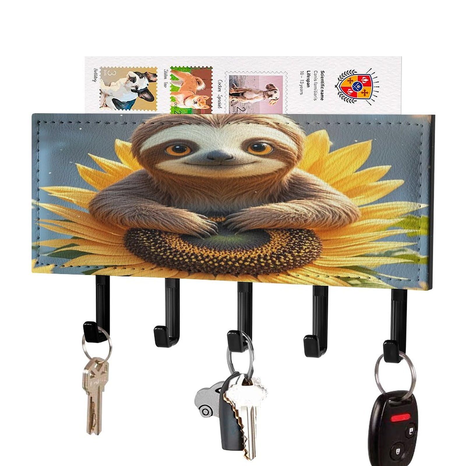 Lzqpoeas Black-Style Cartoon Sloth Sitting On Sunflower Key Holder Wall Mount With Mail Organizer Fashion Adhesive Key Hanger With 5 Hooks No Drill Pu Leather Key Organizer Rack For Entryway Kitchen Hallway Decor