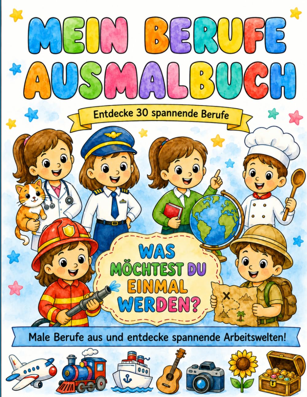 Berufe Ausmalbuch für Kinder: 30 spannende Berufe zum Ausmalen | Pilotin, Feuerwehr, Lehrerin, Tierarzt, Schatzsucher und viele mehr | Für Kinder ab 4 Jahren