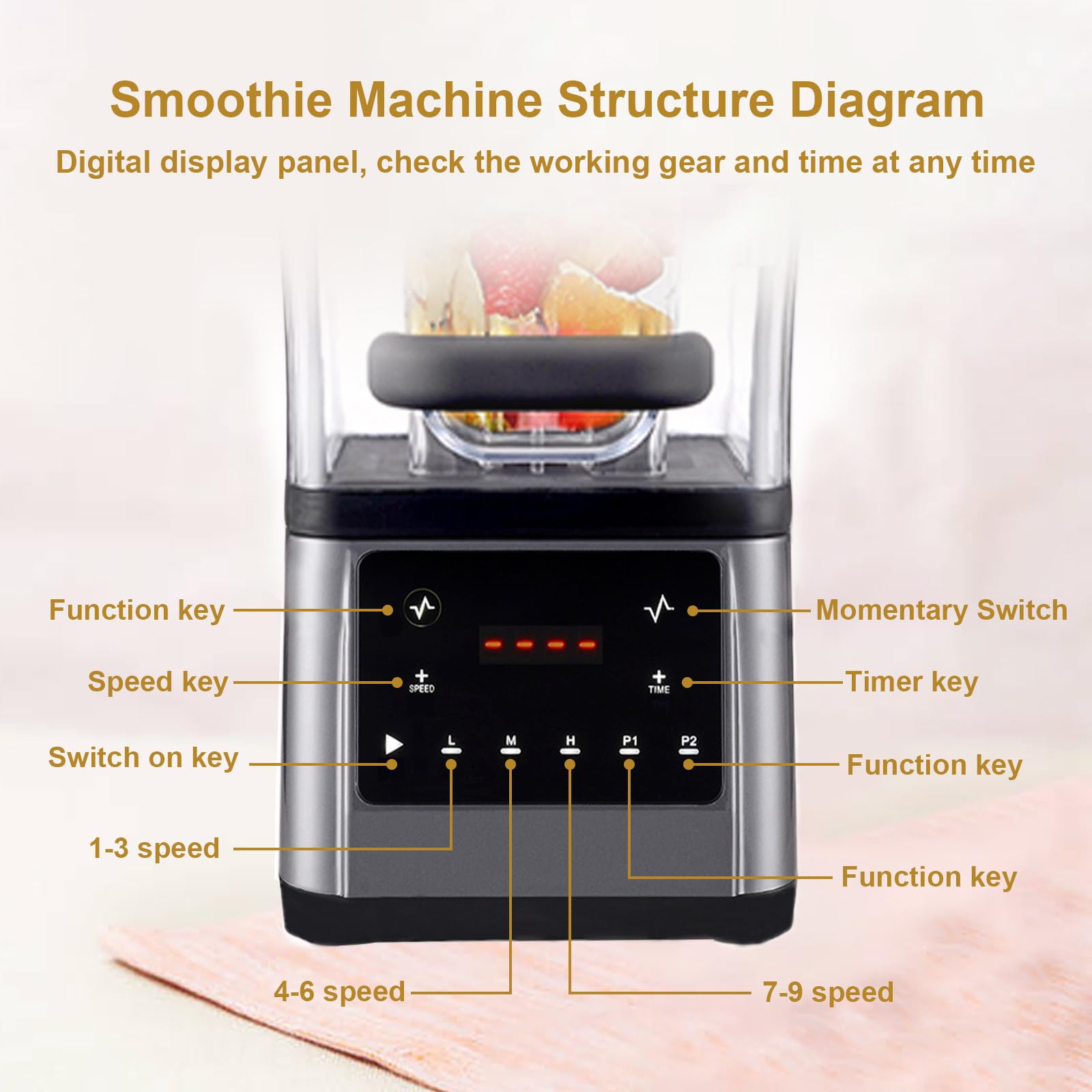 Blender elektryczny do koktajli, komercyjny blender kielichowy o mocy 2200 W z pojemnikiem o pojemności 1,6 l, 9 ustawień prędkości, funkcja kruszenia lodu, samoczyszczący do koktajli i shake'ów