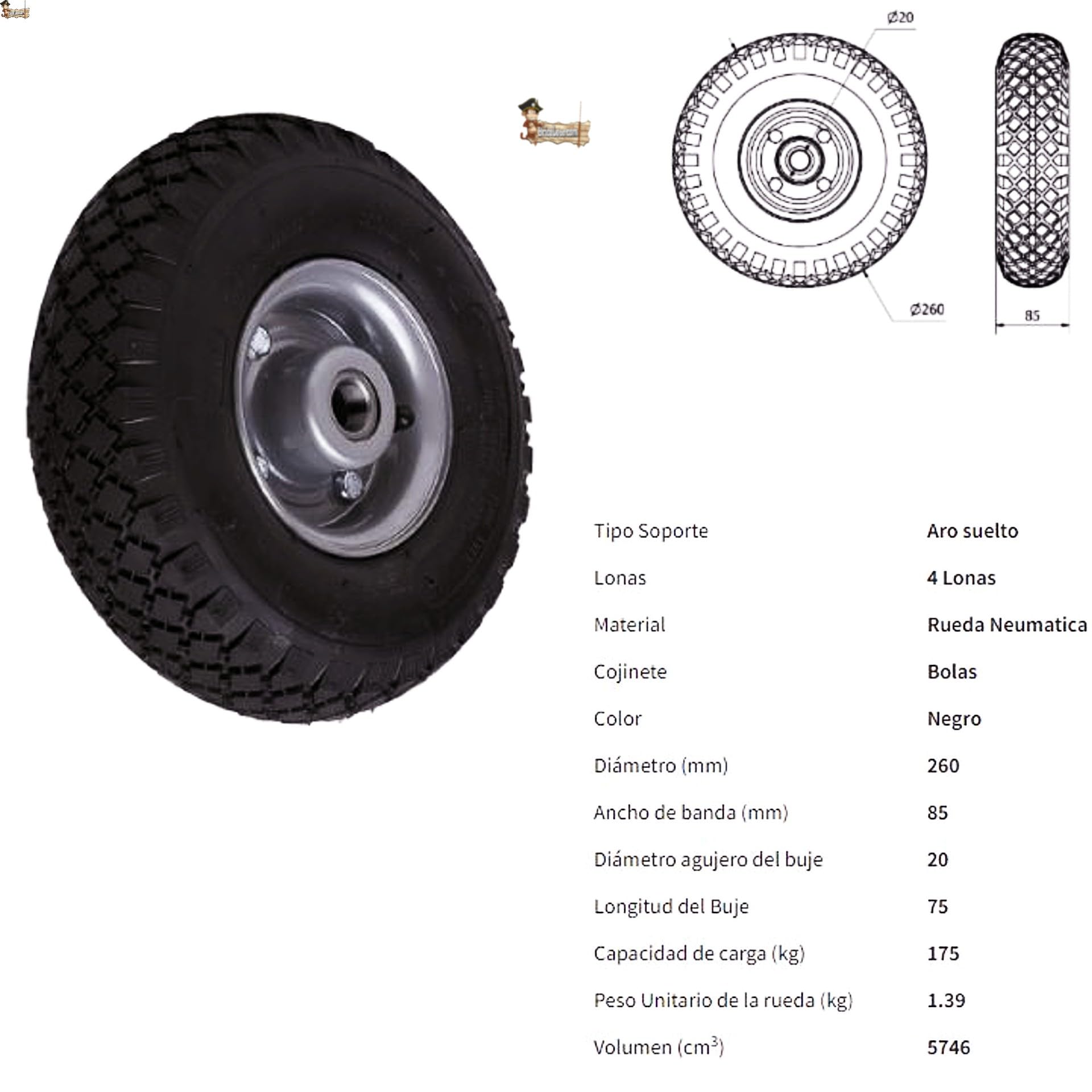 Bricoloco Rueda Carretilla Hinchable neumática Industrial de 4 Lonas 260x85 mm. Pack 2 uds. Eje 20 mm. para Obra, almacén y Transporte. con llanta metálica y rodamientos de Bolas. (2)