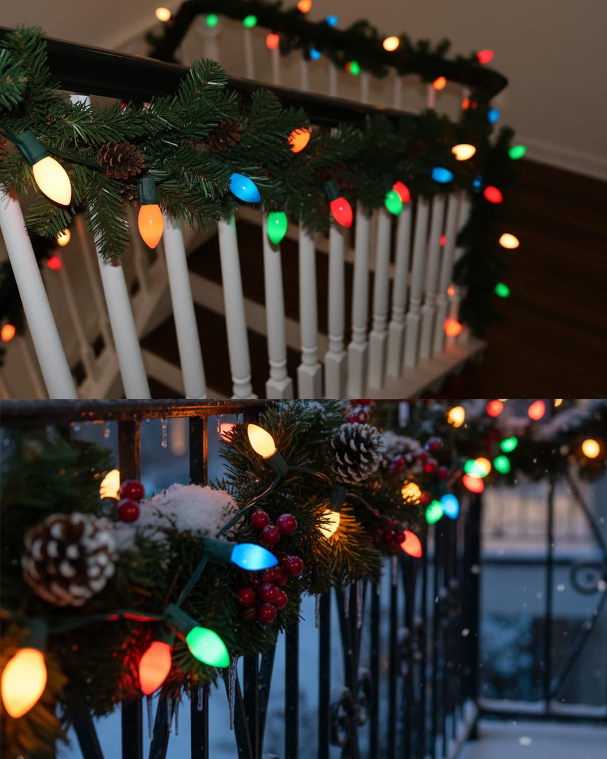 SUNSGNE Mehrfarbige Weihnachtslichterkette für den Außenbereich, C7 Vintage-Weihnachtslichterkette mit 27 mehrfarbigen Keramiklampen (2 Ersatz) für Feiertage, Weihnachten, Abschlussball, Party