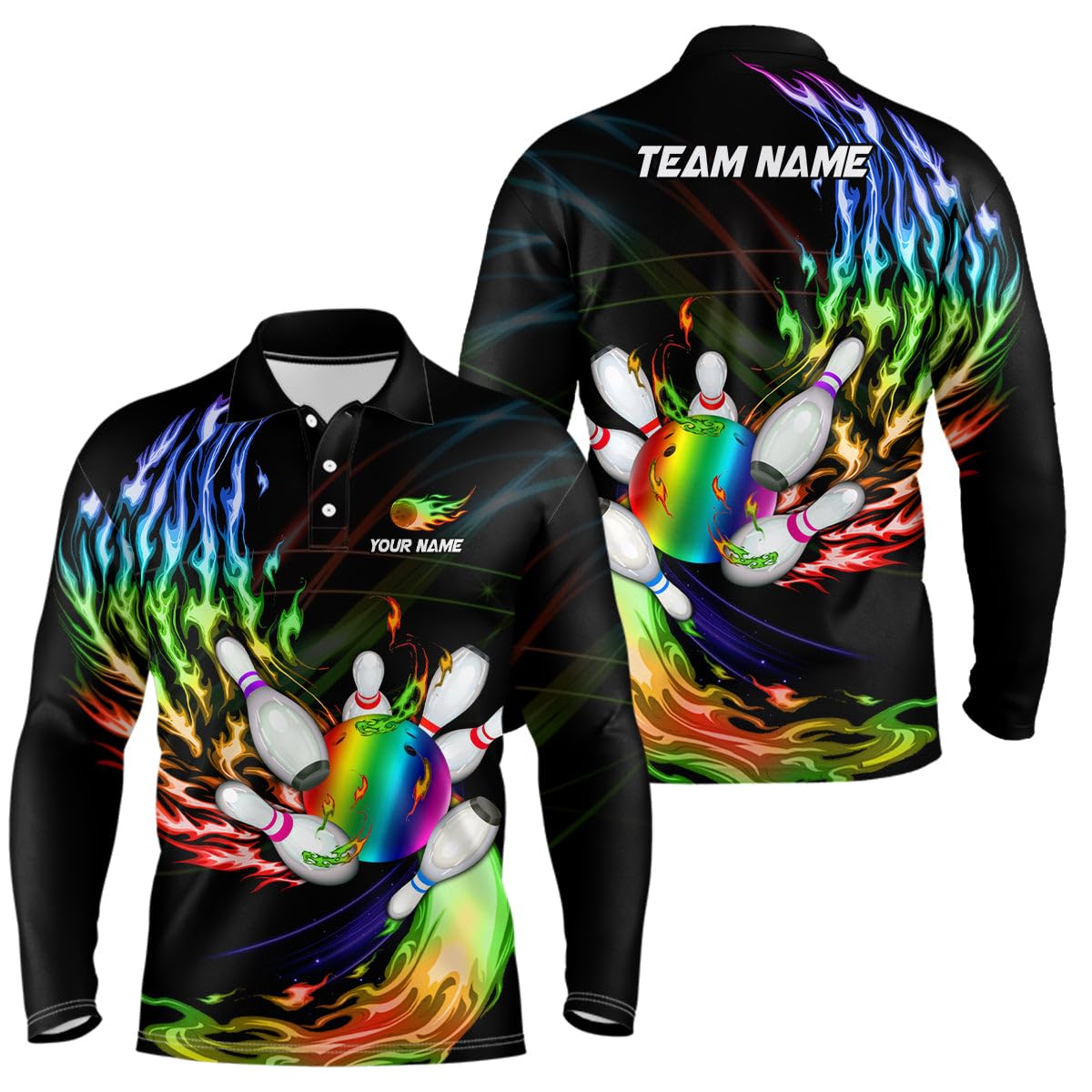 Herren & Damen Polo & Quater Zip Bowling Shirt mit Regenbogenflamme, Bowlingkugel und Pins, Custom Team-Liga-Trikot N6807
