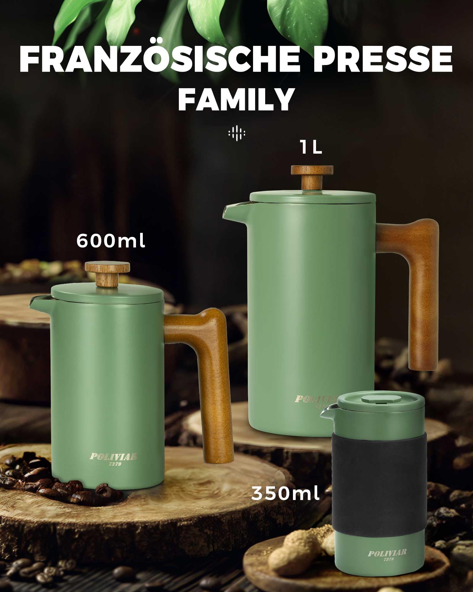 Poliviar French Press Kaffeebereiter 1 Liter/8 Tassen, Doppelwandige Isolierte Kaffeekanne und Teebereiter, Handfilter Kaffeepresse mit Plunger & Griff aus Holz, Flatland (Grün) JX2020-FPN-DE