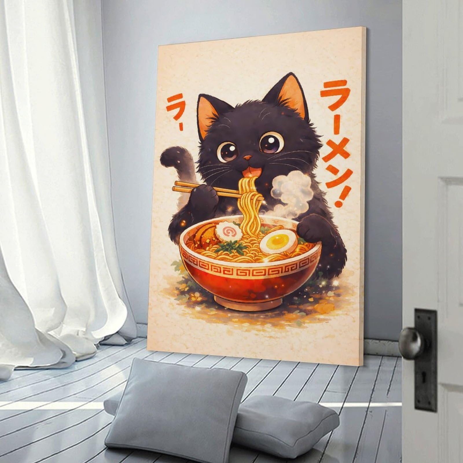 Junmoney Frame-Style-23 Black Cat Eating Ramen(2) Canvas Wall Decor, 16X24inch(40X60cm), For Wall Displays, Bedrooms Or Room Updates, Wall Decor Suited To Curated Displays
