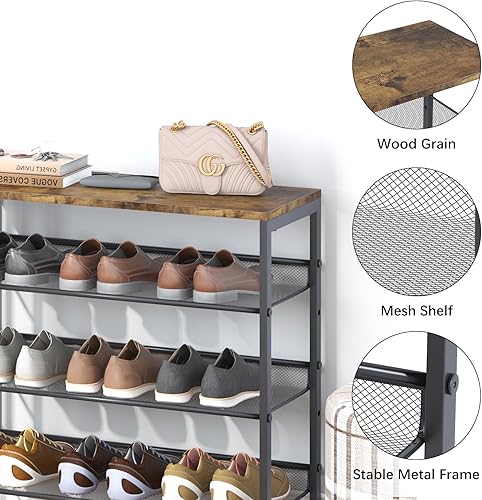 Miniatura 9 de Garden 4 you Zapatero organizador de 7 niveles, estante de almacenamiento de gran capacidad con mesa de madera marrón, estante de metal ajustable