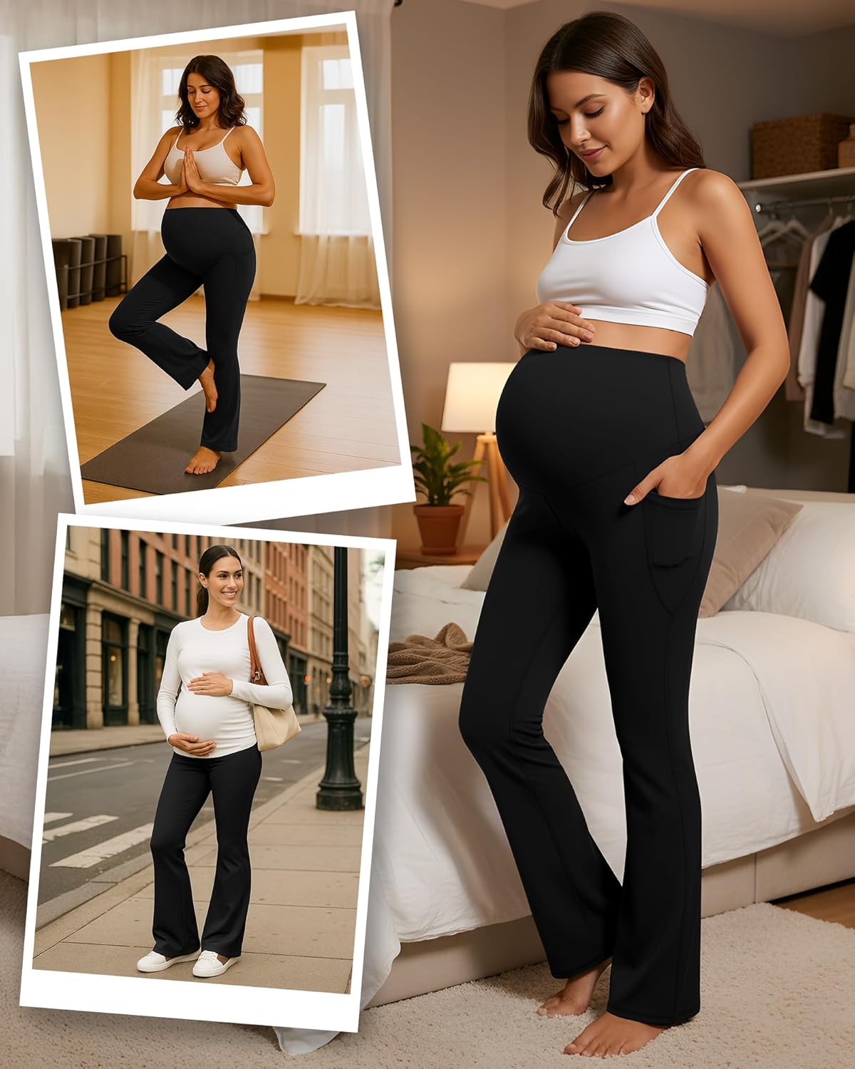 Coume 3 Pack Maternity Flare Leggings Dressy Pregnancy Maternity Pants over the Belly Work Pregnant Sweatpants with Pockets - Image 2