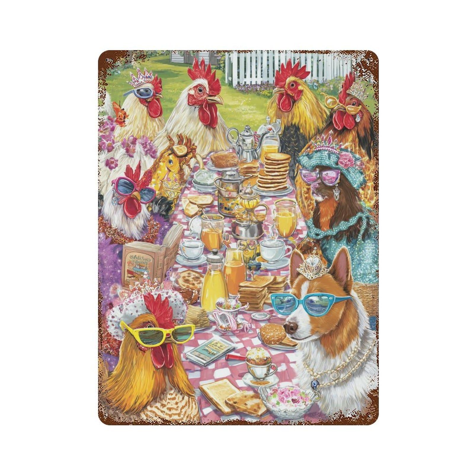 Royal Chicken Brunch Party Distressed Metal Wall Sign 15.7"x11.8", for Basement, Hobby Room And Garage Decor, Shabby Chic Decor