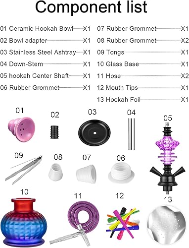 Miniatura 2 de Juego de cachimba de 12 pulgadas con 2 mangueras Shisha Hookah Set con todo - Jarrón de vidrio moderno, 50 láminas de narguile y 50 puntas de