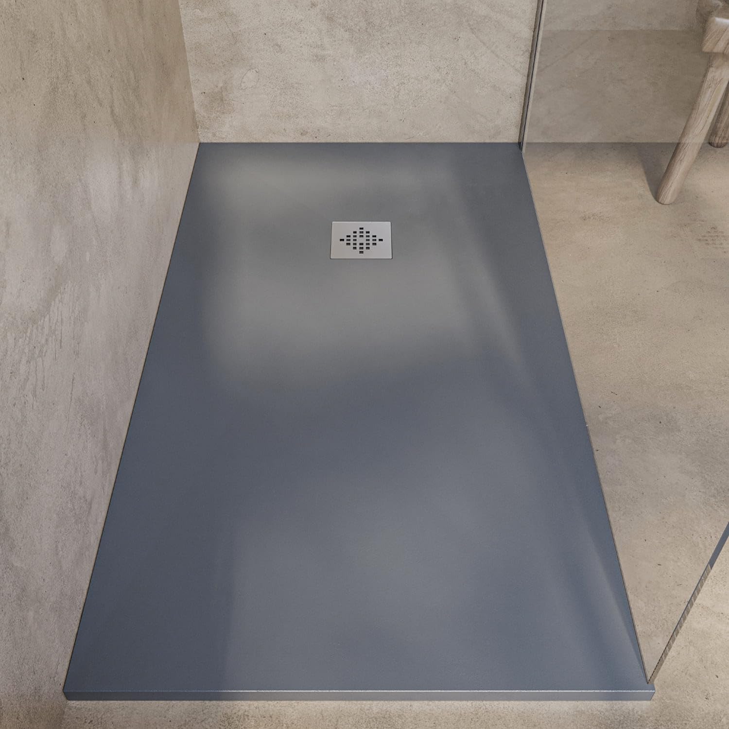 SOULHOME Brodzik prysznicowy– Żywica– Gel Coat– Gładki Jedwab tekstura – Antypoślizgowy – Kolor cementowoszary – 110x90- Niski 3 cm– Z dodatkowym syfonem – Standard