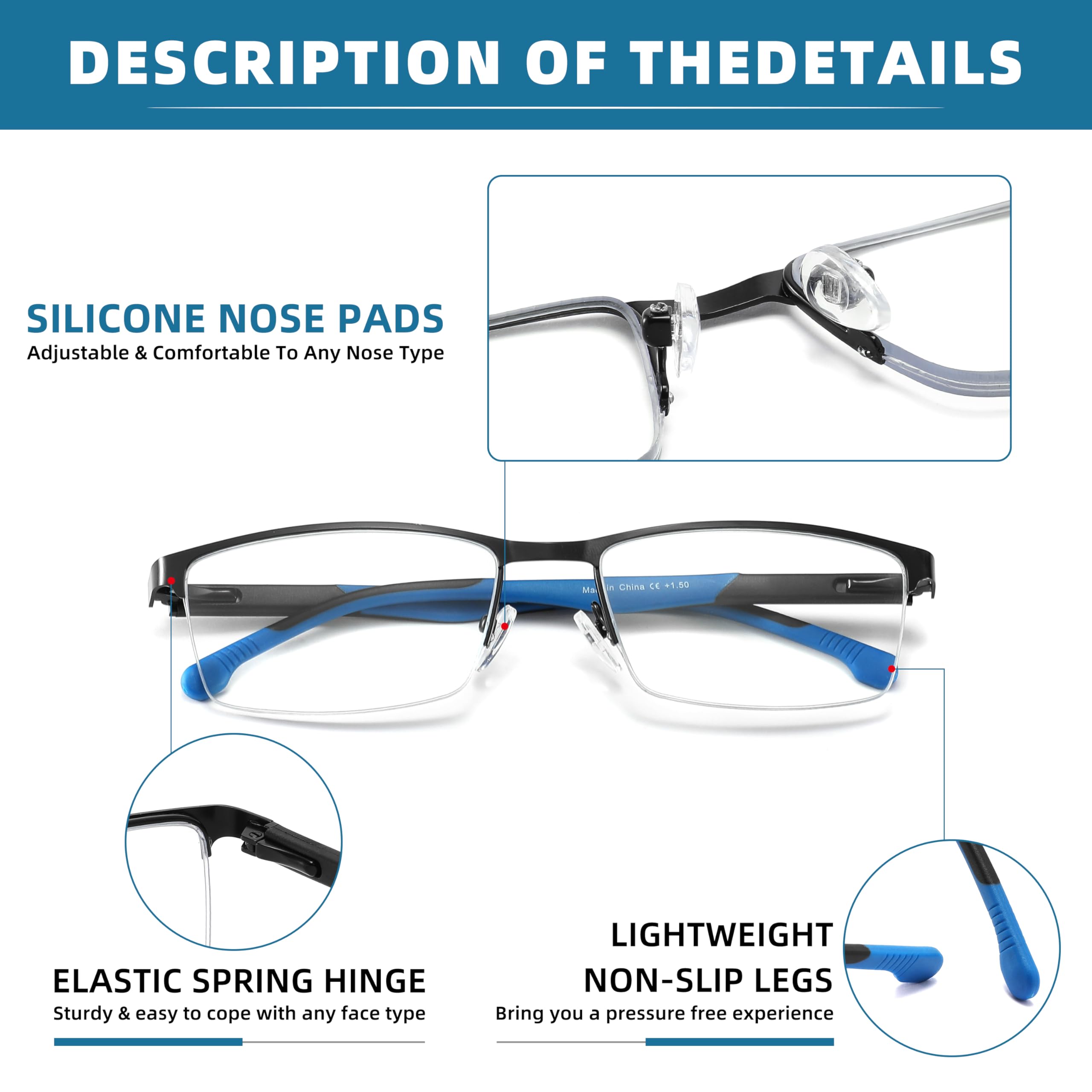MODFANS Un Pack de 3 Gafas de Lectura Hombres Mujeres Anti Luz Azul,Rectangular Metal Acero Inoxidable - Lente Clara,Vision Clara - Ligeras Comodas,Colores Mezclados