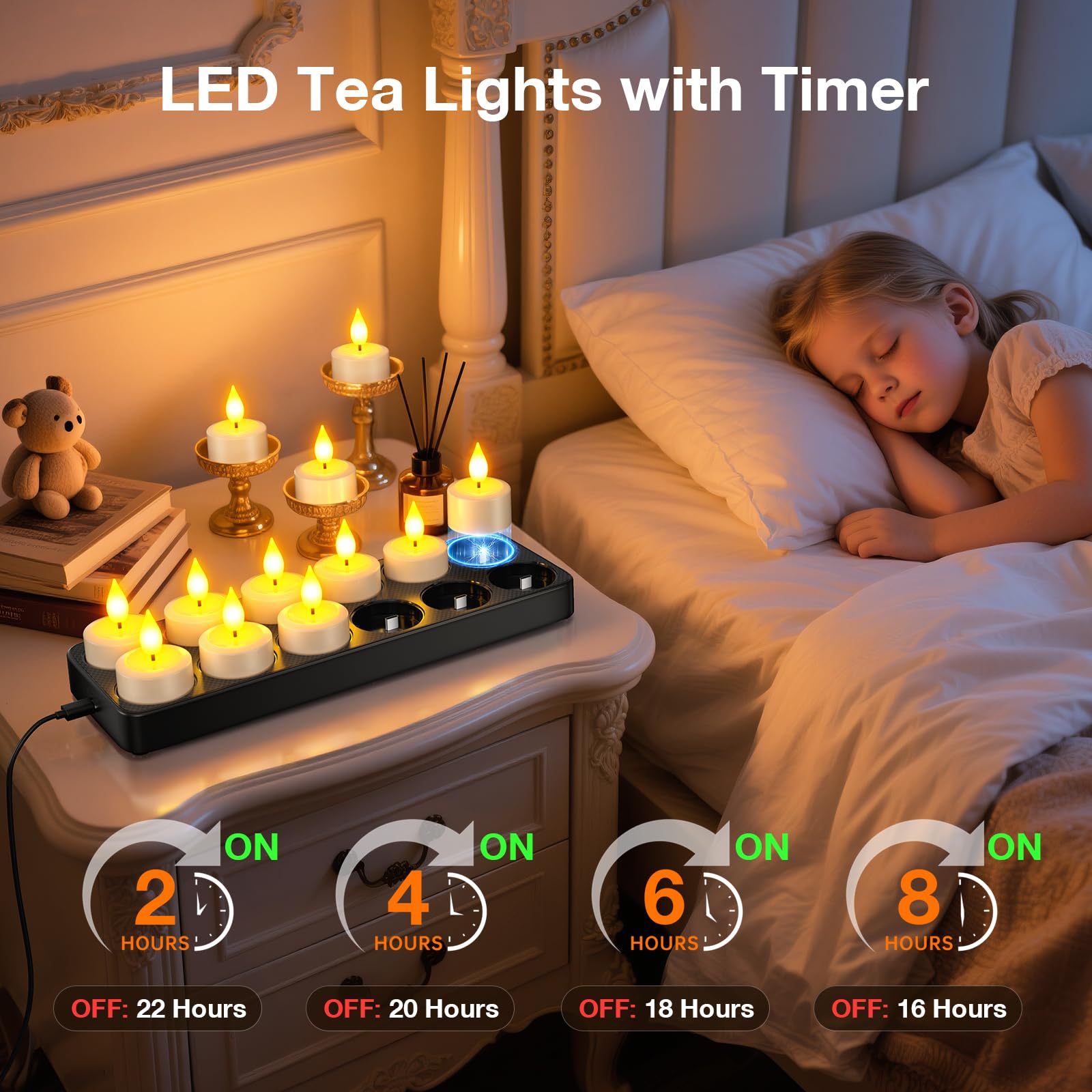 PChero LED Teelichter Wiederaufladbar mit USB-C Ladestation & Fernbedienung | 12er Teelichter LED Aufladbar Elektrische Kerzen Flackernd mit Timerfunktion, Dimmbar, 2 Std. Ladezeit, 60-160 Std. Laufzeit