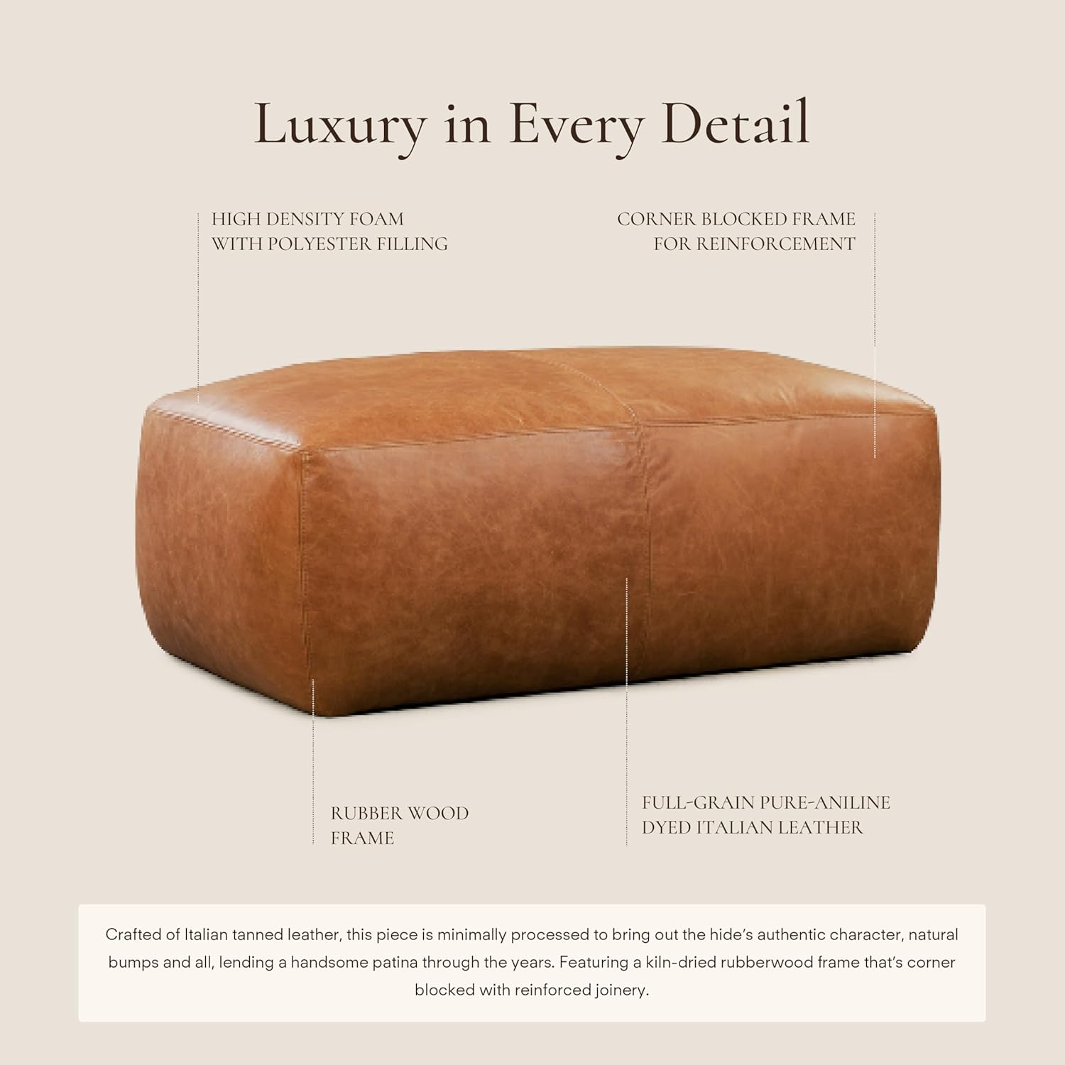 POLY & BARK Denver Ottoman – 43" Large Pouf with Feather-Down Topper – Full-Grain Leather Upholstered Pouf Ottoman for Living Room – Vintage Italian Leather in Cognac Tan