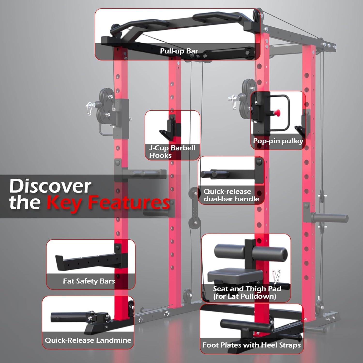 YODOLLA Power Cage 907 kg, Power Rack mit Bankdrück-Funktion, Latzug & Doppel-Kabelzug für Zuhause, All-in-One Kraftstation für Home Gym & Garage