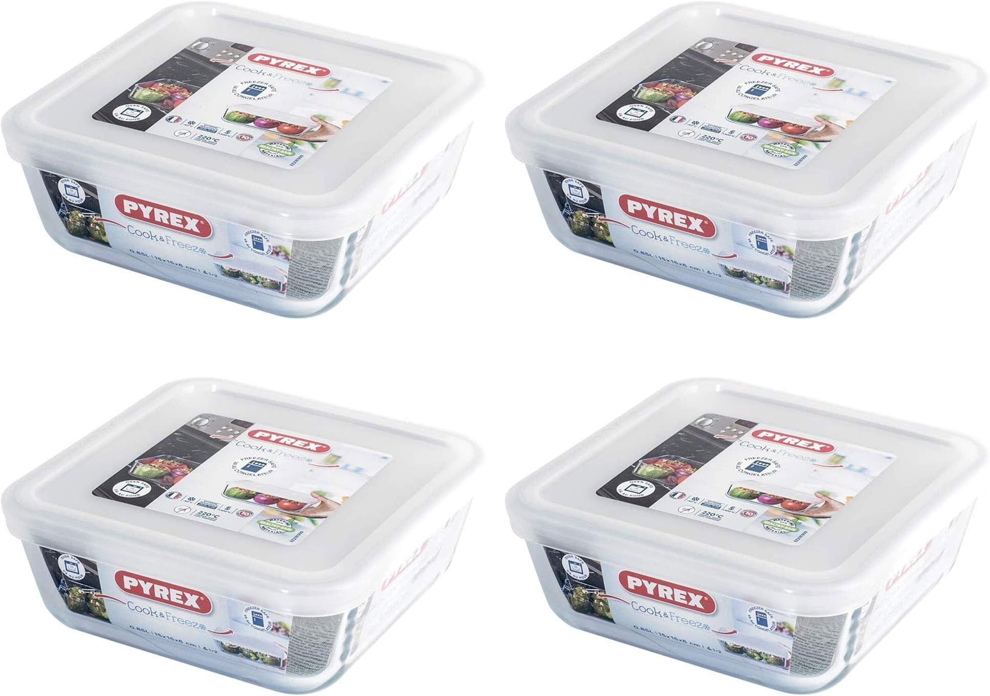 Microwave Safe Classic Square Glass Dish with Plastic Lid 0.85 Litre White (Pack of 4)