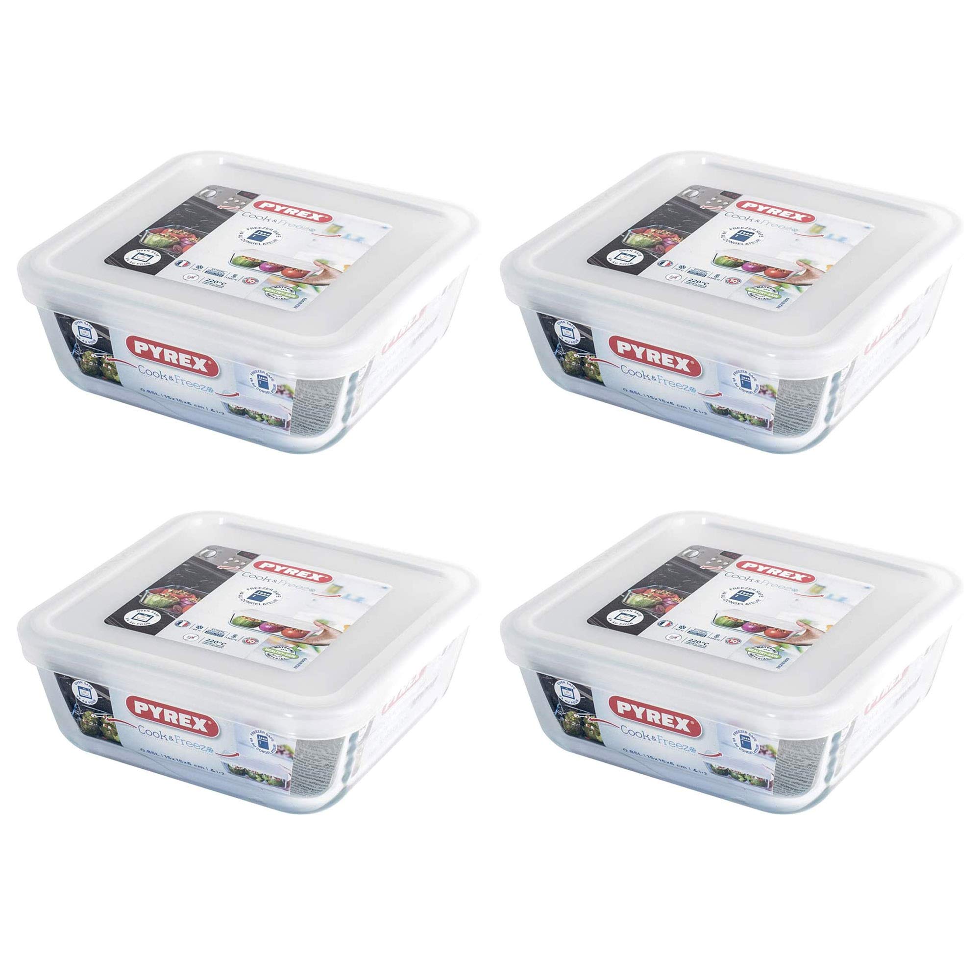 Microwave Safe Classic Square Glass Dish with Plastic Lid 0.85 Litre White (Pack of 4)