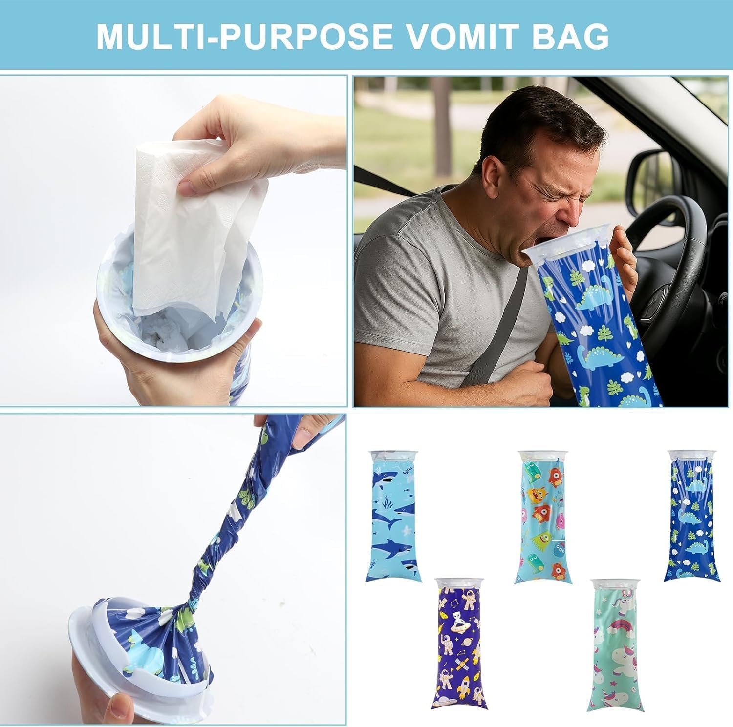 Sacchetto per Vomito 10 pcs Vomit Bag Bambini Adulti Sacchetti Vomito Auto 1000 ml Cartone Animato per Nausea da Viaggio in Auto Autobus Aerei