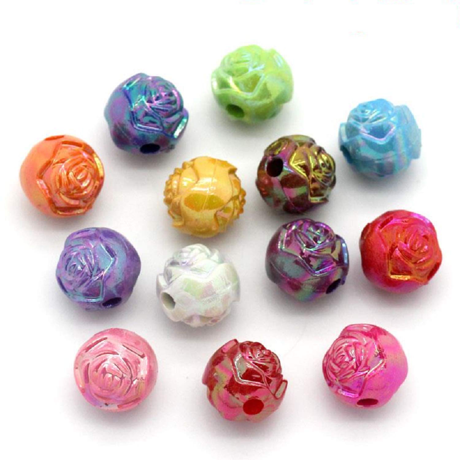 Boutique d'isacrea Pack of 50 Acrylic Beads Round with Multi-Coloured Roses Motif 8 mm