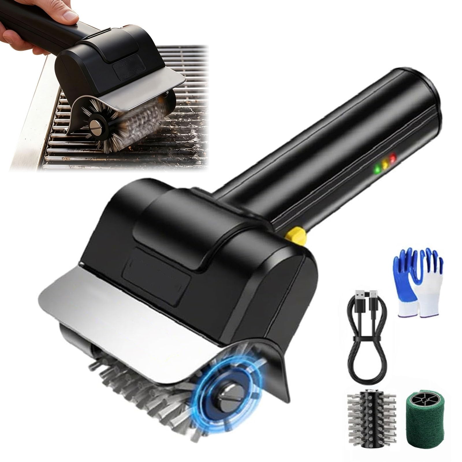 Electric Grill Brush For Outdoor BBQ – Steel Brush Head + Scouring Pad Head, 1100 RPM, Low Bristle Shedding, 90-Min Battery Life | Rechargeable Grill Cleaner For Smoker, Griddles & Grates