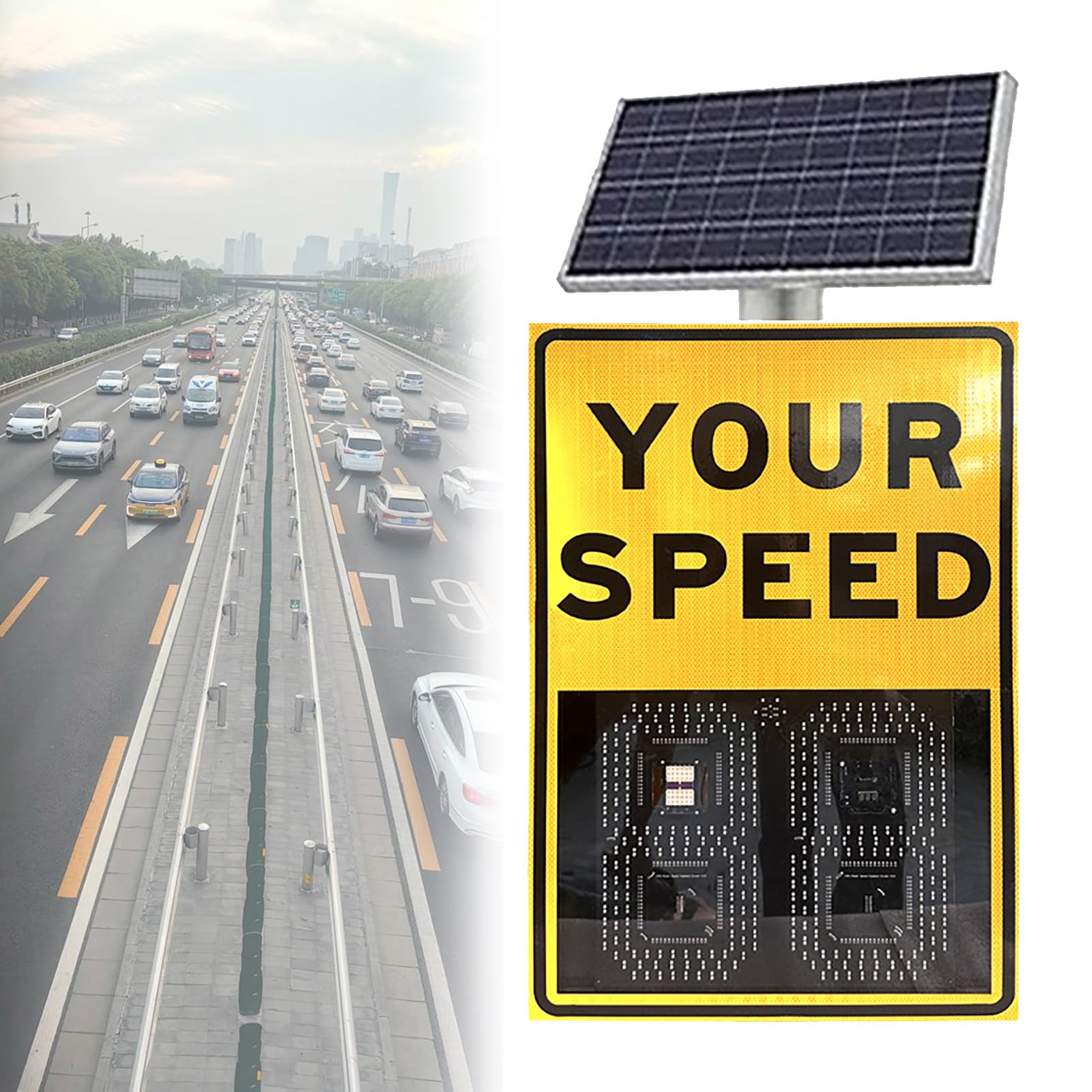 SeñAl Led de Radar con EnergíA Solar, SeñAl de Velocidad, Panel de Advertencia de TráFico con Control Remoto y Accesorios, Distancia Visible >1000 M, para Calles y Barrios Yellow-50x70cm