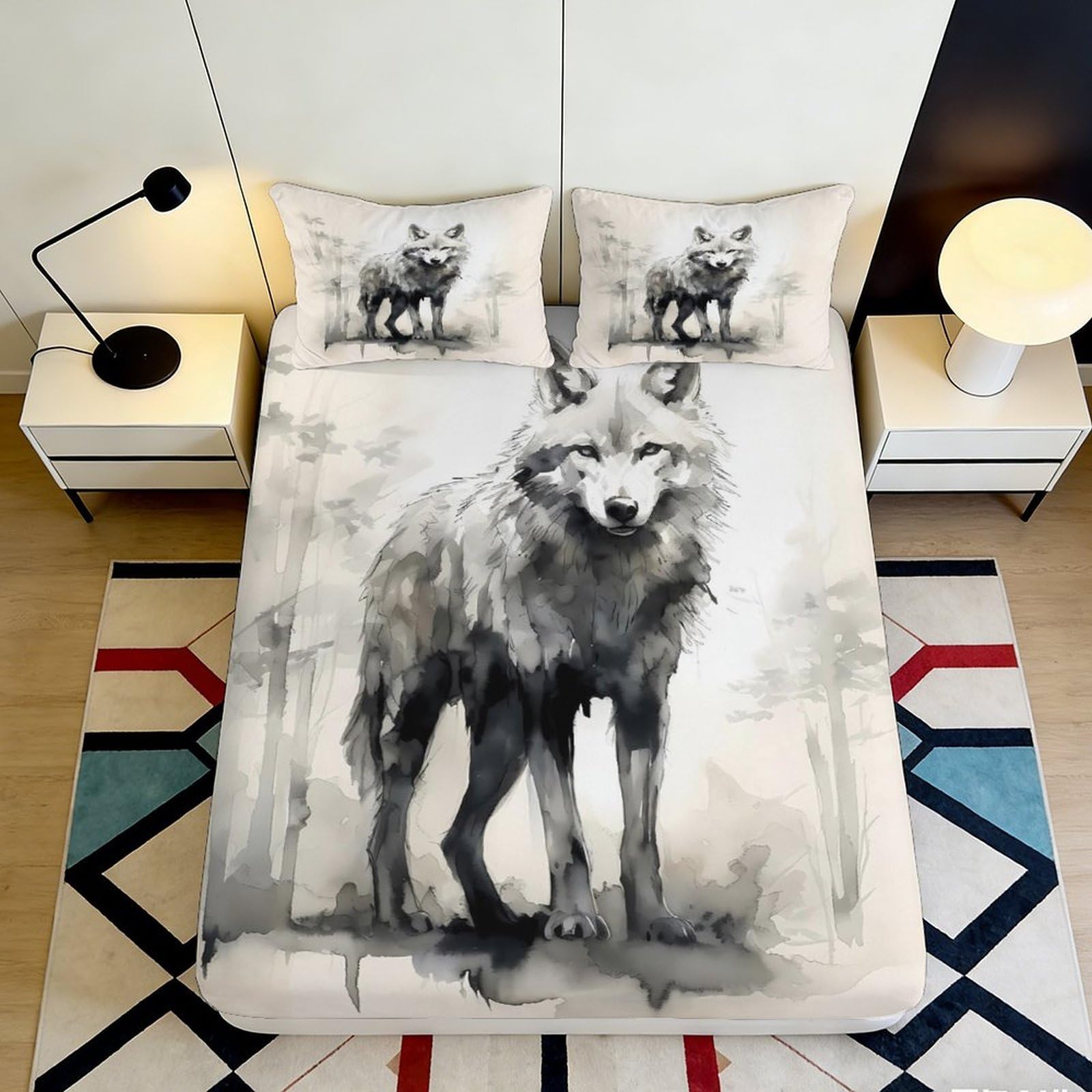 3D Printed Wolf Design Fitted Sheet Microfiber Durable Soft 3D Forest Wolf Bed Cover for Bedroom Dormitory Guest Room Mattress Protection 120x200x25cm