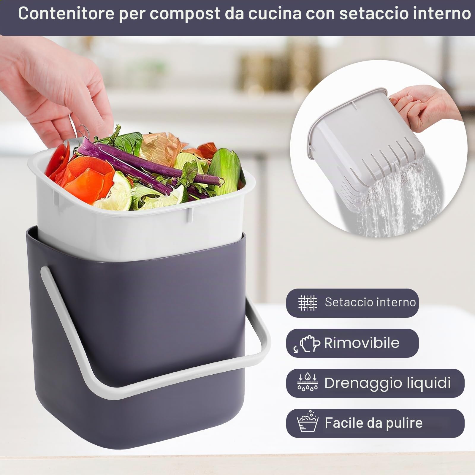 Pattumiera biologica da cucina 4 litri per rifiuti biologici quotidiani con coperchio, antiodori, inserto interno rimovibile, facile da pulire (viola chiaro)