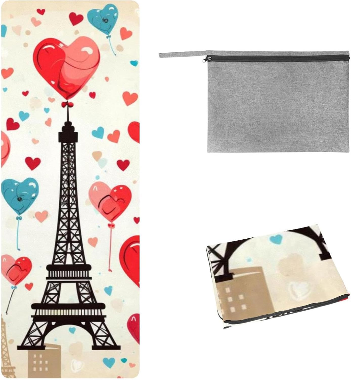 Yoga Towel, Eiffel Tower Valentine's Day Pattern Non Slip Sweat Absorbent Hot Yoga Mat Towel for Hot Yoga, Pilates and Fitness - 72.8" x 26.8"