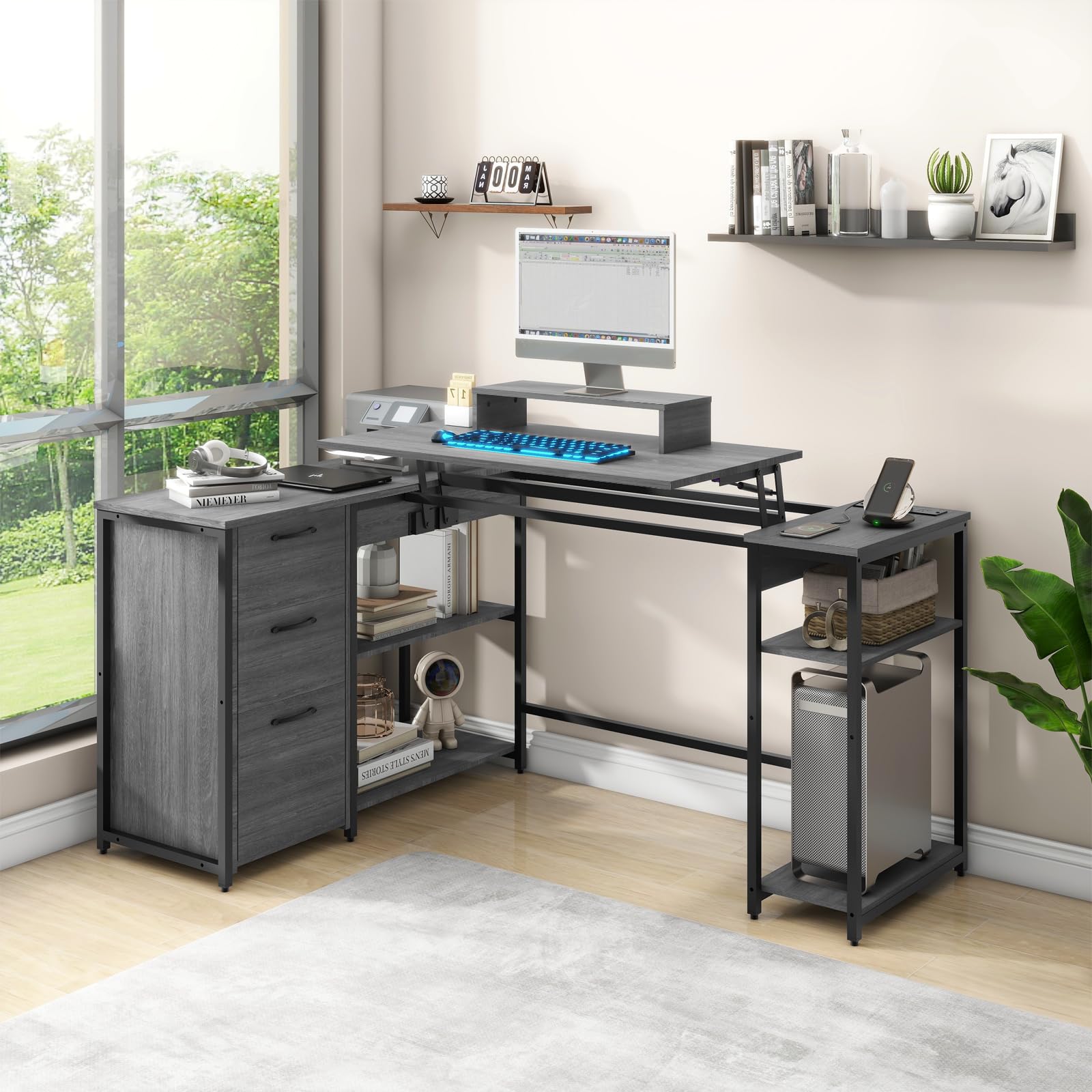 Vabches 61" L Shaped Computer Desk with Lift Top, L Shaped Desk with LED Lights Power Outlets, L Shaped Gaming Desk with 3 Drawers Open Storage Shelf, Home Office Desk with USB Port