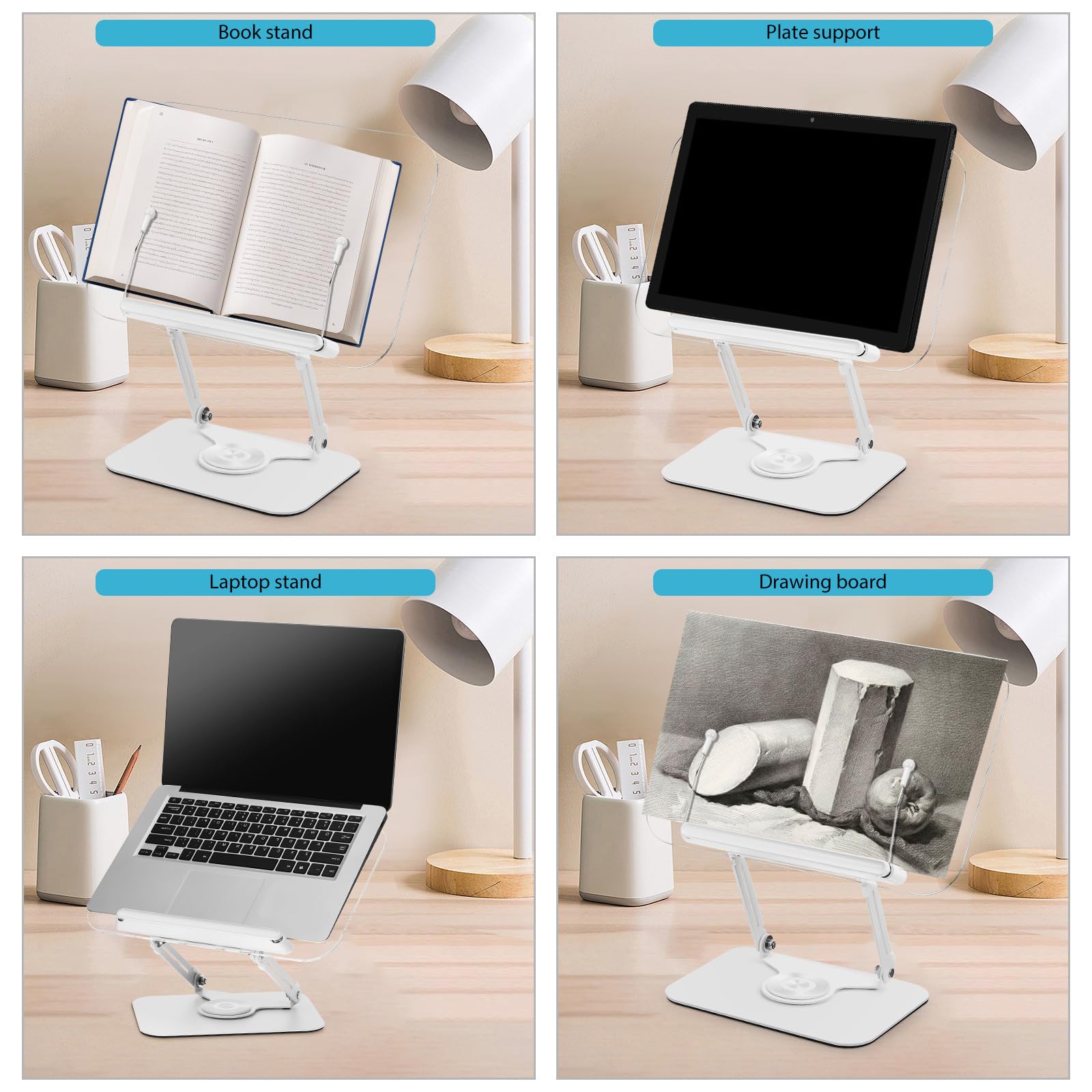 Lurrose Leggio Regolabile per Libri e Laptop con Base Girevole 360°, Supporto da Scrivania in Acrilico e Metallo 36,8x34 Cm con Fermalibri per Lettura a Mani Libere e Uso Multifunzionale