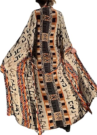 RanRui Beach cover up over sized kimonos Womens geometry Print Rayon kimonos with belt for summer