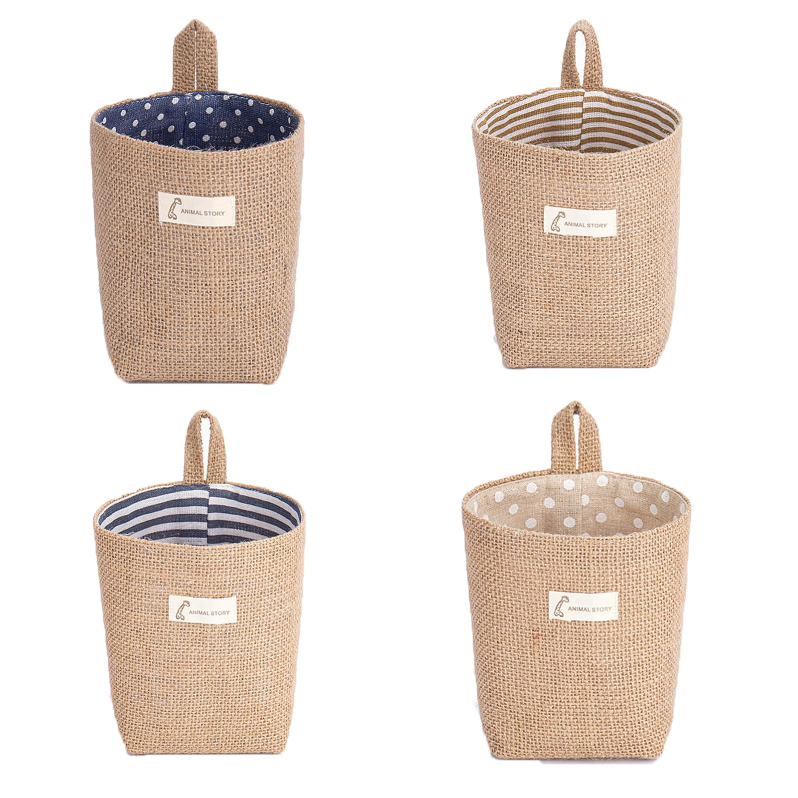 Febbya Hanging Storage Baskets,Set of 4 Cotton Linen Foldable Wall-Mounted Organiser for Small Items,Toys & Toiletries,Fabric Wall Hanging Baskets with Handles