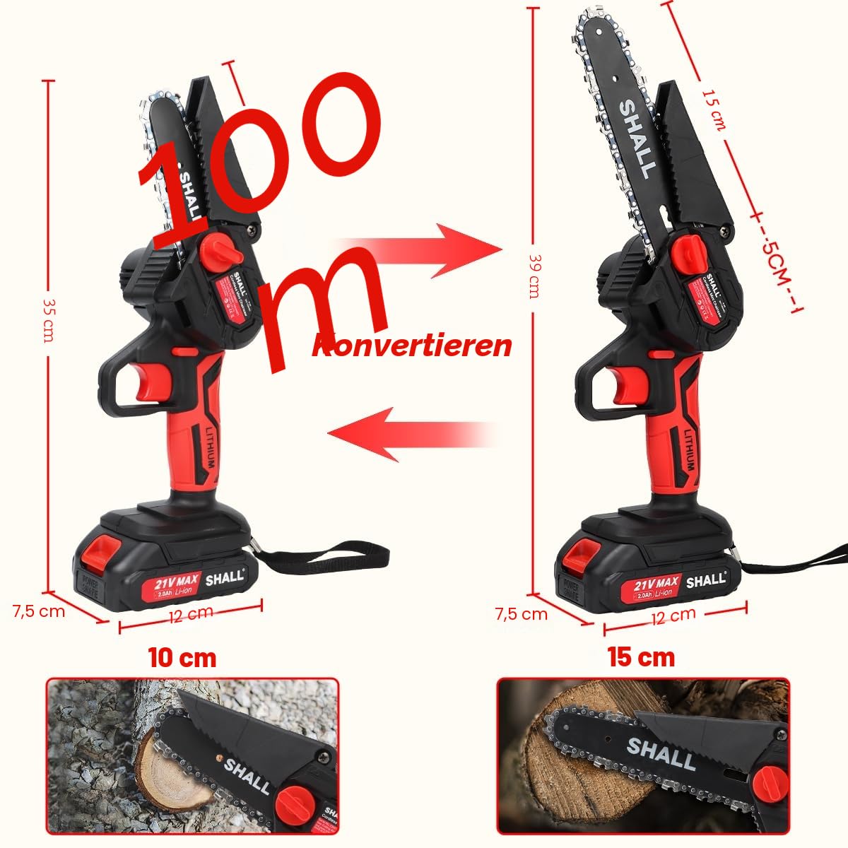 SHALL Tragbare Mini-Kettensäge, Bürstenlosen Motor 21 Volt, 2 Schnelllade-Akkus, 4 Ketten, Äste schneiden, Gartenarbeit, beste Wahl für Ehemann, Vater, Holz-Heimwerker-Liebhaber