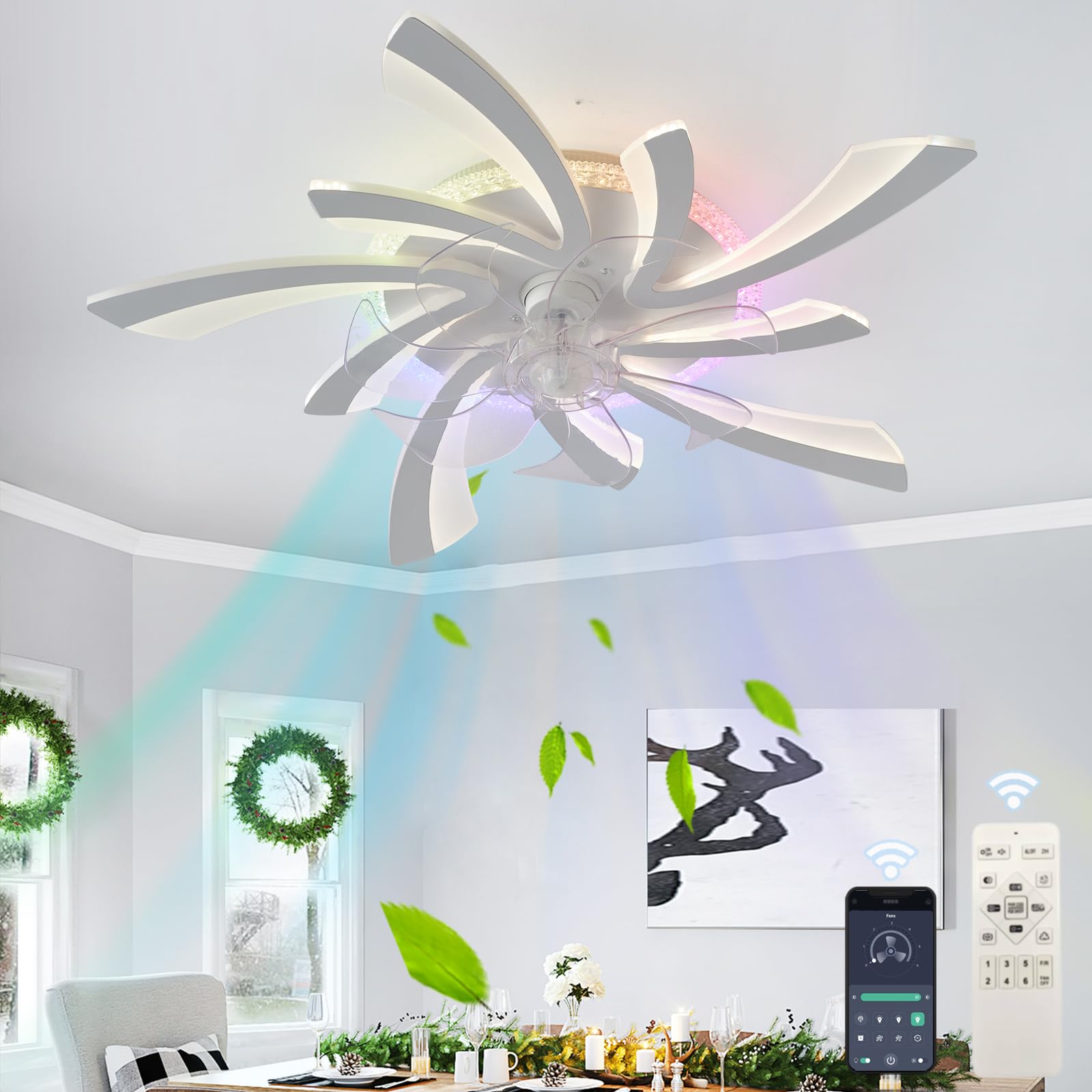 HXYSXHJUO 40W Modern RGB Ceiling Fans with Lights, Dimmable Intelligent Lamps Remote Control/APP, Reversible Fan Light Ceiling, 6 Speed, for Bedroom, Living Room, Lounge，White