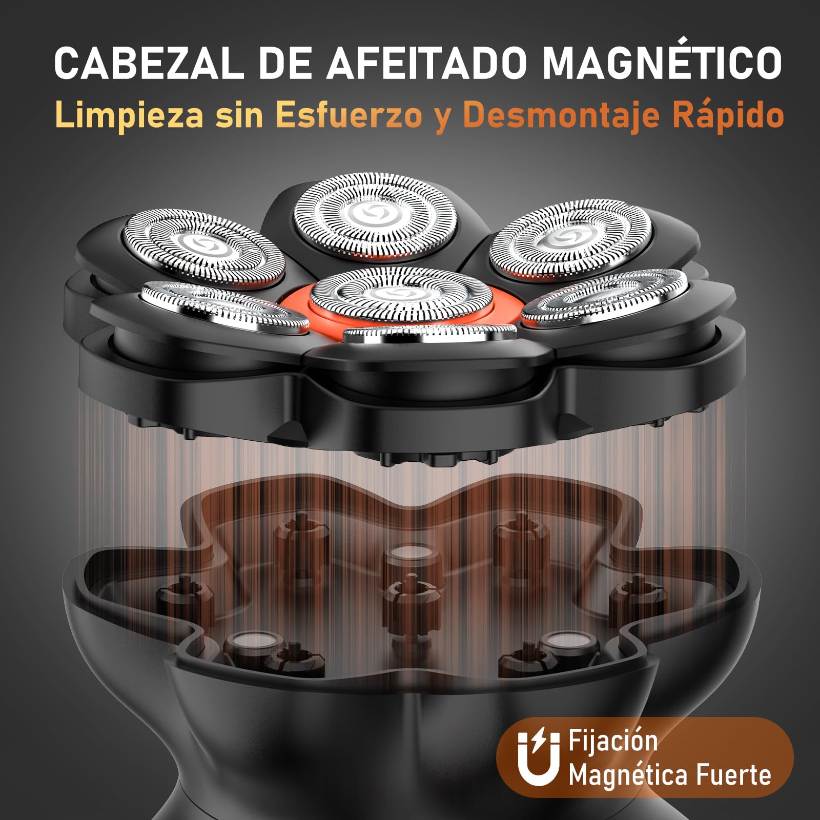 MAXGROOM Afeitadora Cabeza Hombre, Maquina Afeitar Hombre, Afeitadora para Calva en Seco y Húmedo, Batería de Larga Duración, 7 Cabezales, Magnético, 100% impermeable, Negro