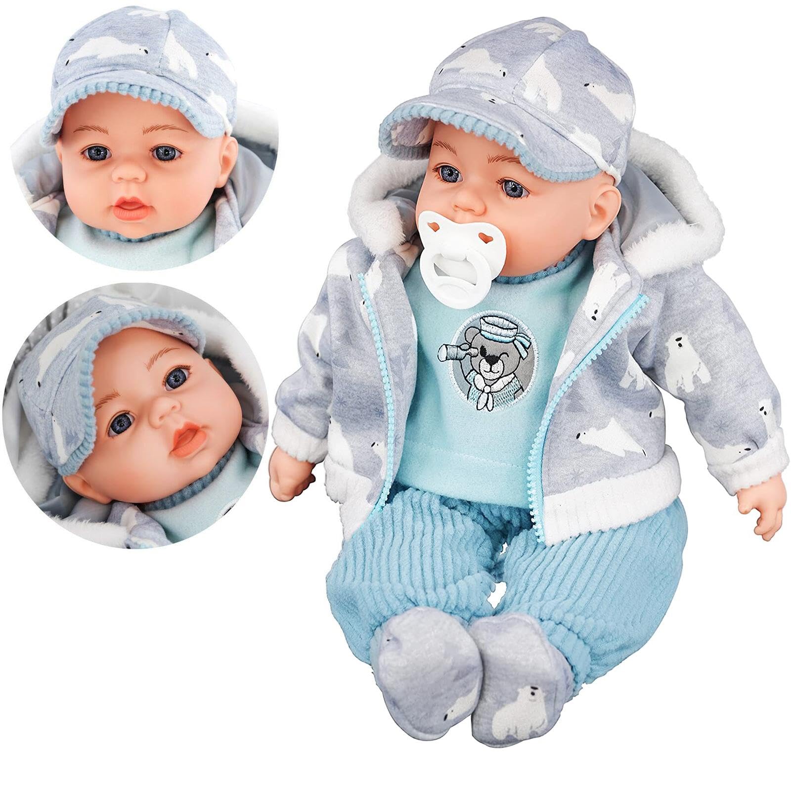 The Magic Toy Shop (Grey With Cap) - 46cm Lifelike Large Soft Bodied Baby Doll With Dummy & Sounds Girls Boys (Grey with Cap)
