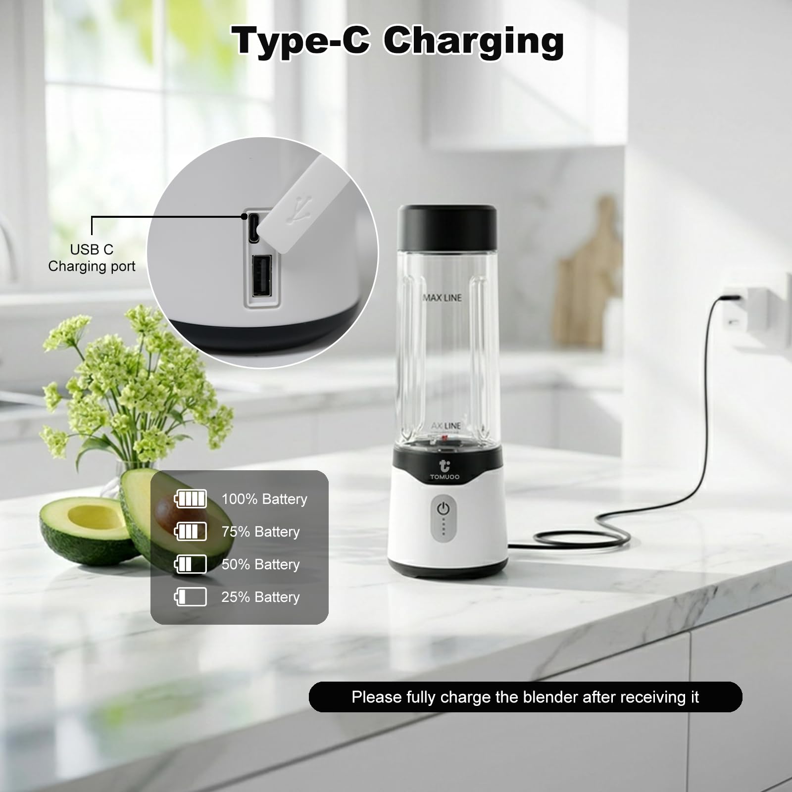 Mini Frullatore portatile per smoothie e frappè, 520ml con coperchio, nero | Frullatore personale senza BPA con 6 lame e funzione di ricarica USB-C, frullatore ricaricabile per viaggi, sport e cucina