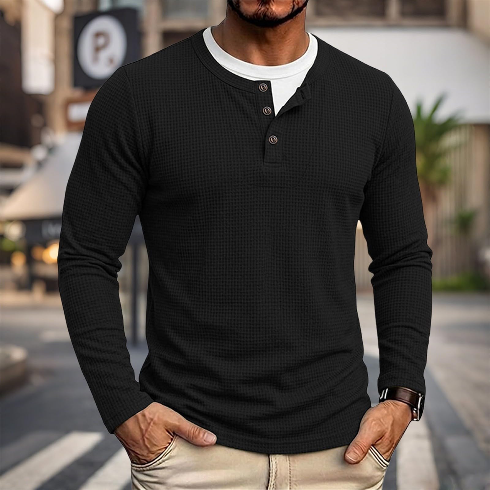 CHUNOTU Henley T Shirt da uomo UK Waffle Knit Fake Two Piece Long Sleeve | Casual Base Layer Tees Oversize Plain Felpe Loose Fit Moda Pullover Maglione Top