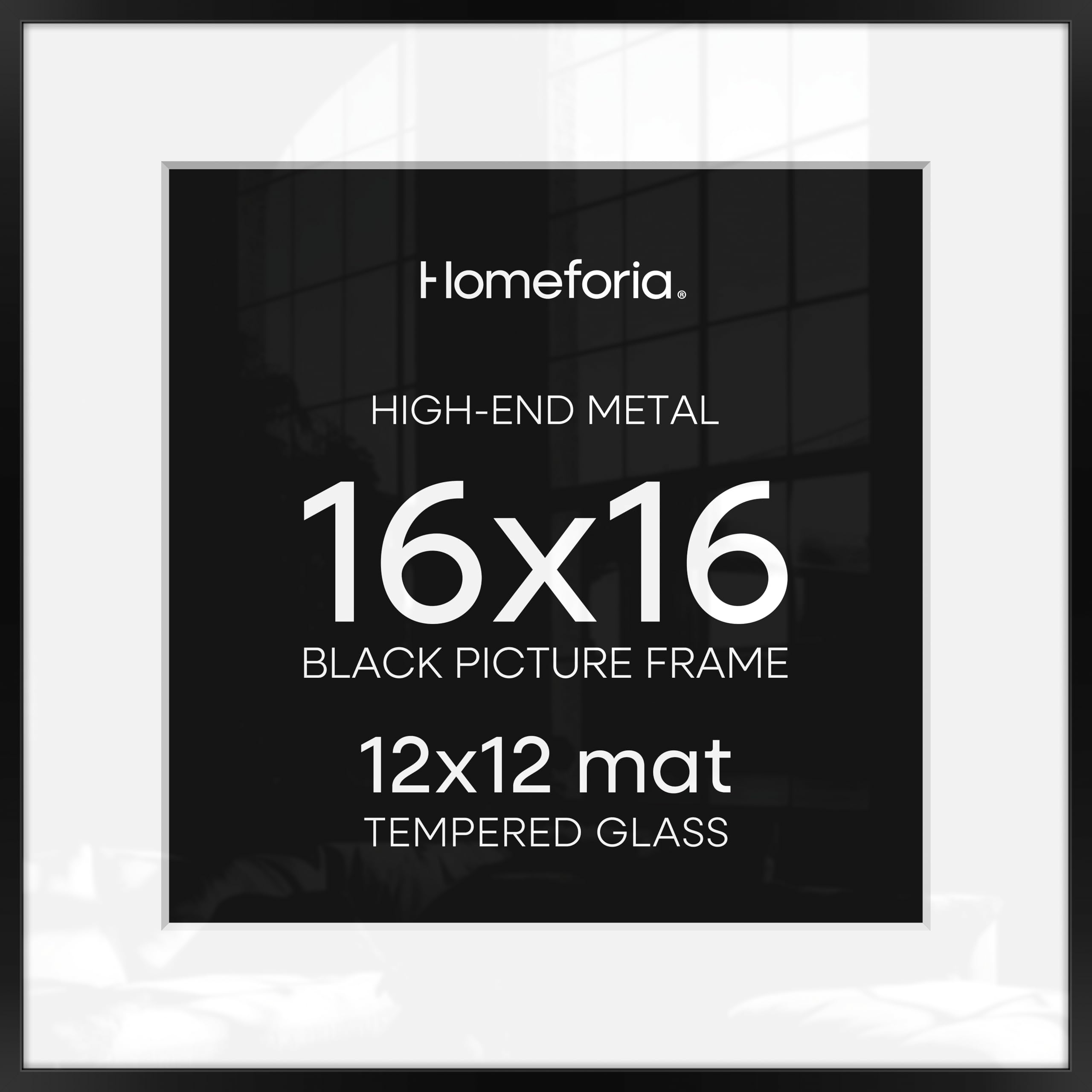 Homeforia 16x16 Picture Frame Black, High End Metal 16x16 Square Poster Frame Matted to 12x12 Print, 16 x 16 Black Frames with Mat 12 x 12 Photo, 16by16 Thin Frames, Tempered Glass, Wall Kit, Set of 1