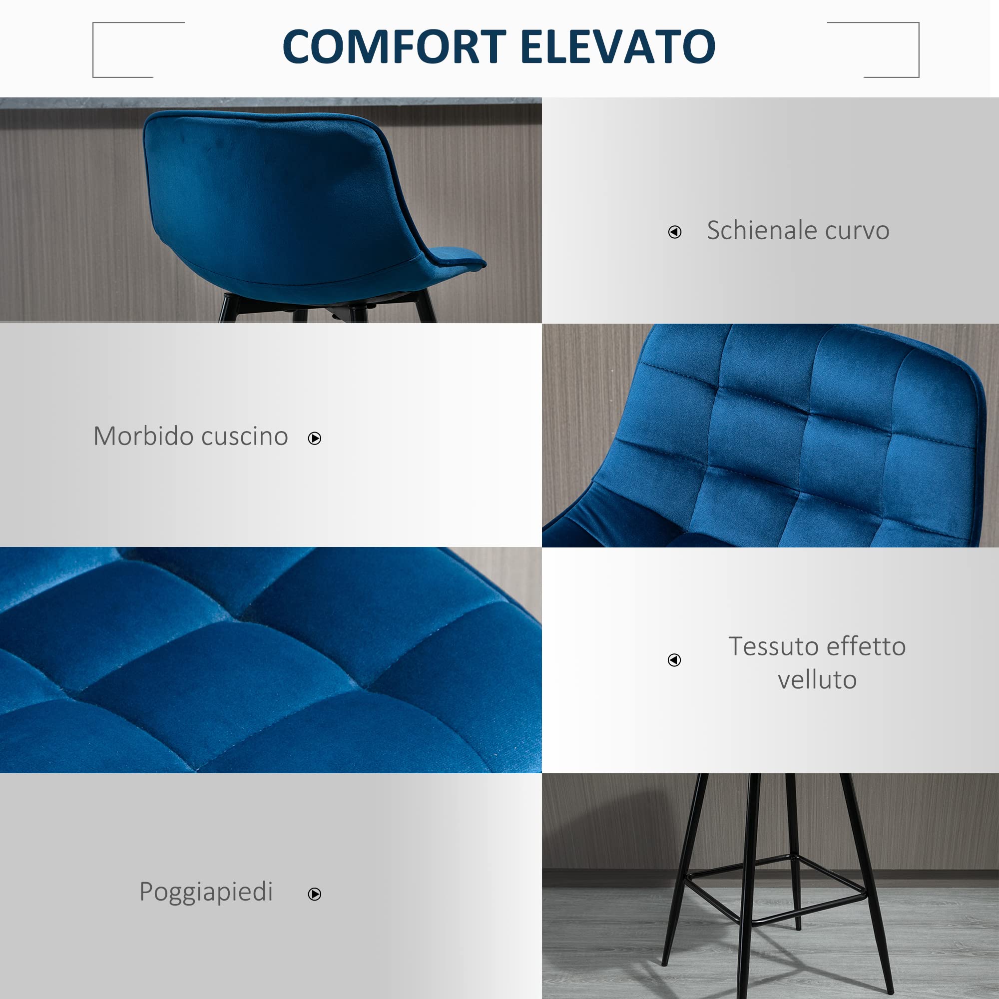 HOMCOM Set 2 Sgabelli Alti in Stile Nordico con Schienale e Poggiapiedi, Sgabelli con Schienale in Tessuto Effetto Velluto e Metallo, 45x47x88 cm, Blu
