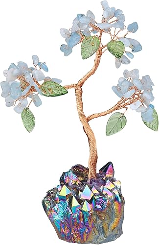 mookaitedecor Árbol de dinero aguamarina de cristal curativo con base de racimo de cuarzo de titanio arco iris, árbol de Feng Shui, decoración de