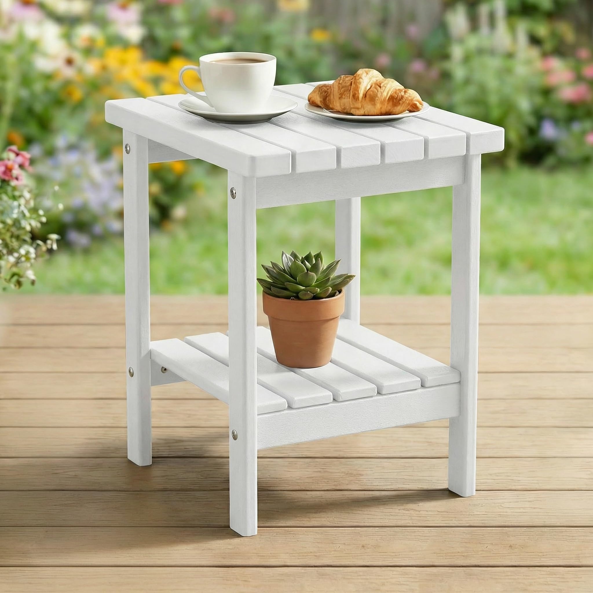 PASAMIC 2-Tier Adirondack Square Outdoor Side Table, HDPE Small Outdoor Table, Patio End Table for Patio, Pool, Backyard, Weather-Resistant (White)-image-36