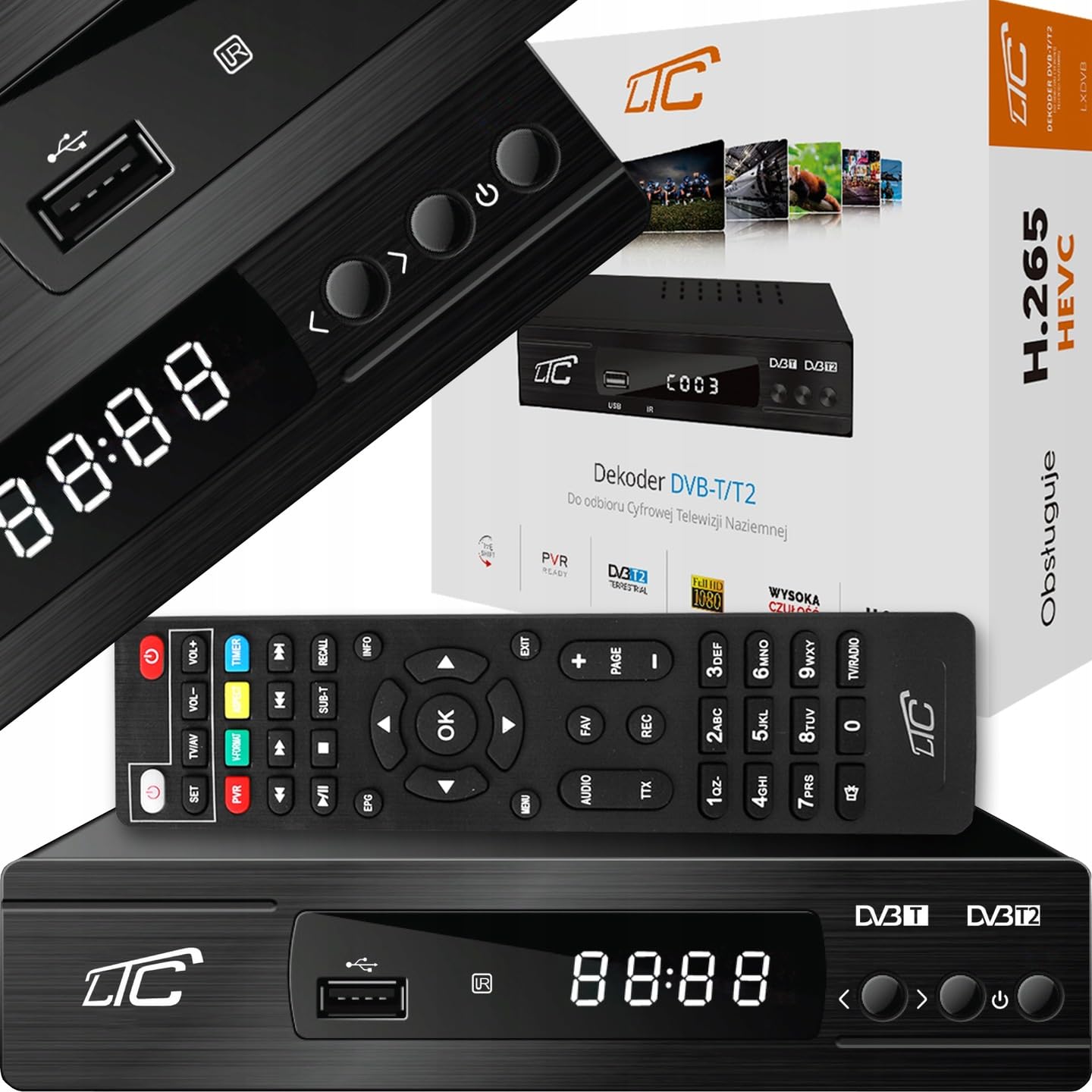 LTC DVB-T2 HD Receiver für terrestrisches Fernsehen, H.265 HEVC Decoder, Full HD 1080p, inkl. 2-in-1 lernfähiger Fernbedienung für TV-Steuerung, PVR Aufnahme, Timeshift, USB, HDMI, Scart, Schwarz