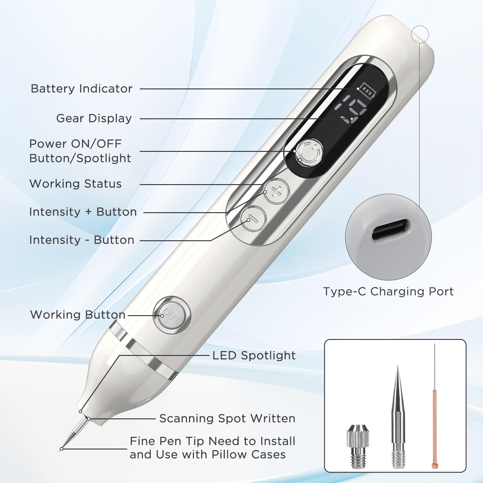 Eliminar Verrugas, Lápiz Para Eliminar Verrugas Cutáneas Lápiz Para Eliminar Lunares con Plasma 19 Niveles De Intensidad y Luz LCD Aguja Reemplazable para Rostro Cuerpo Verrugas Pecas Nevos