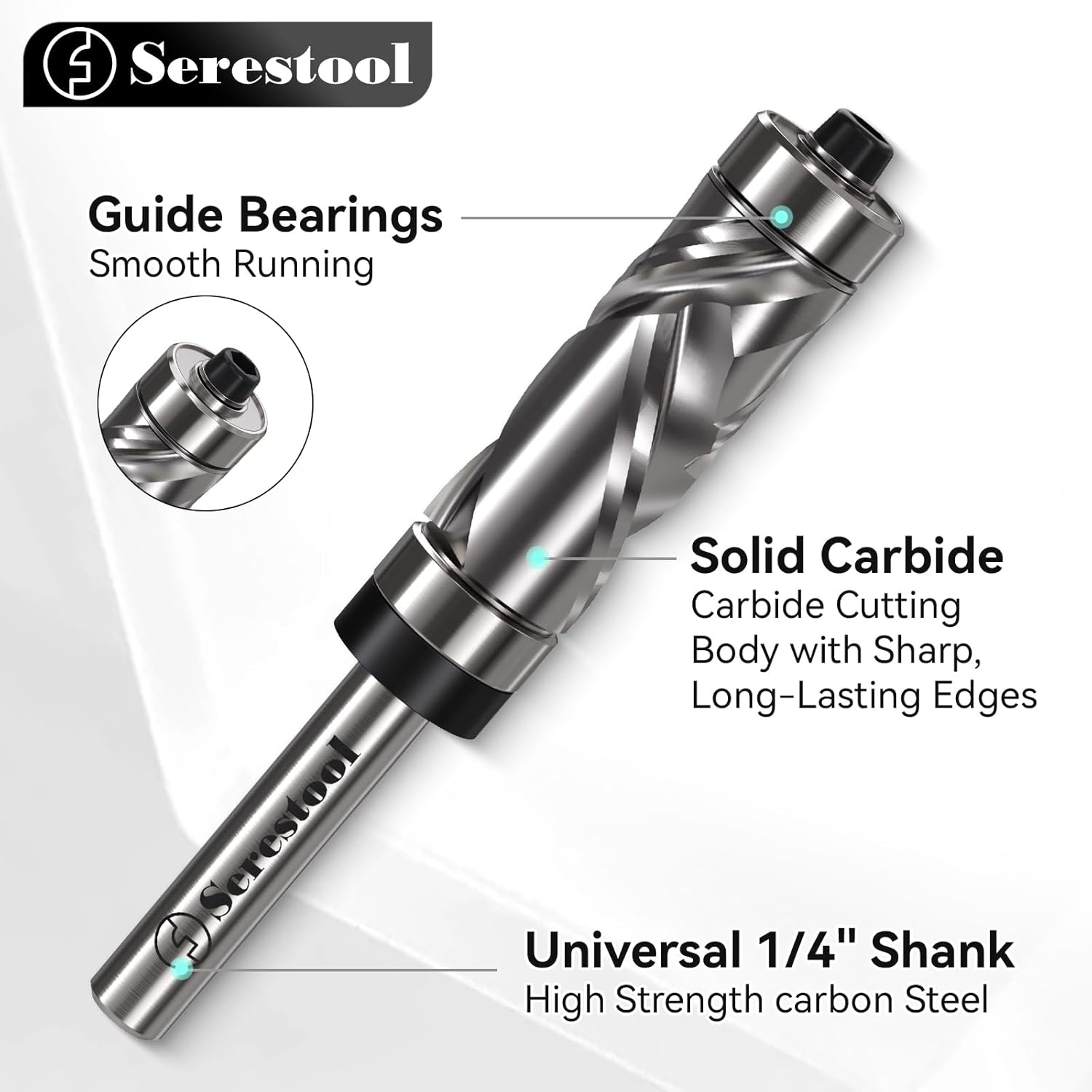 Top and Bottom Bearing Flush Trim Router Bit 1/4 Shank, 1/2" Cutting Diameter, 1-1/8" Cutting Length, Up&Down Compression Cut, Carbide Spiral Pattern Template Bit for Wood Trimming