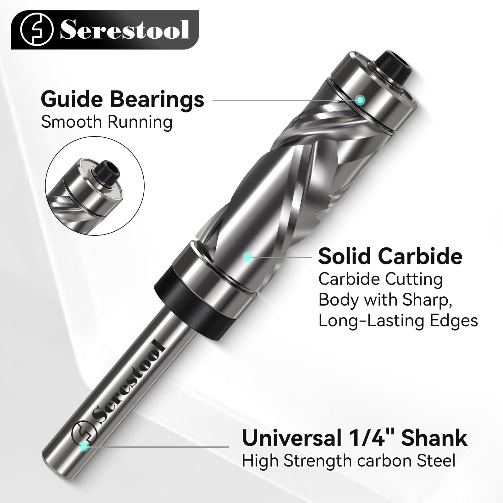 Serestool Top and Bottom Bearing Flush Trim Router Bit 1/4 Shank, 1/2" Cutting Diameter, 1-1/8" Cutting Length, Up&Down Compression Cut, Carbide Spiral Pattern Template Bit for Wood Trimming in use