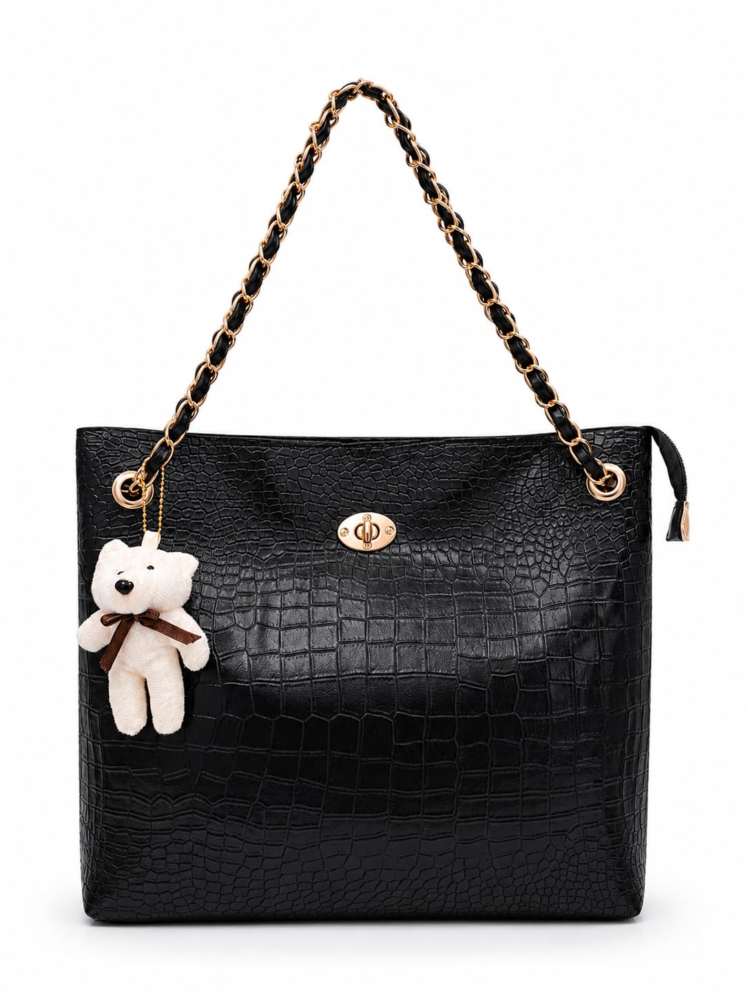 Women’s Crocodile Pattern Tote Bag with Teddy Charm | Stylish Shoulder Handbag for Ladies | Large Capacity Chain Handle Purse | Fashion Office College Shopping Bag-picture-16