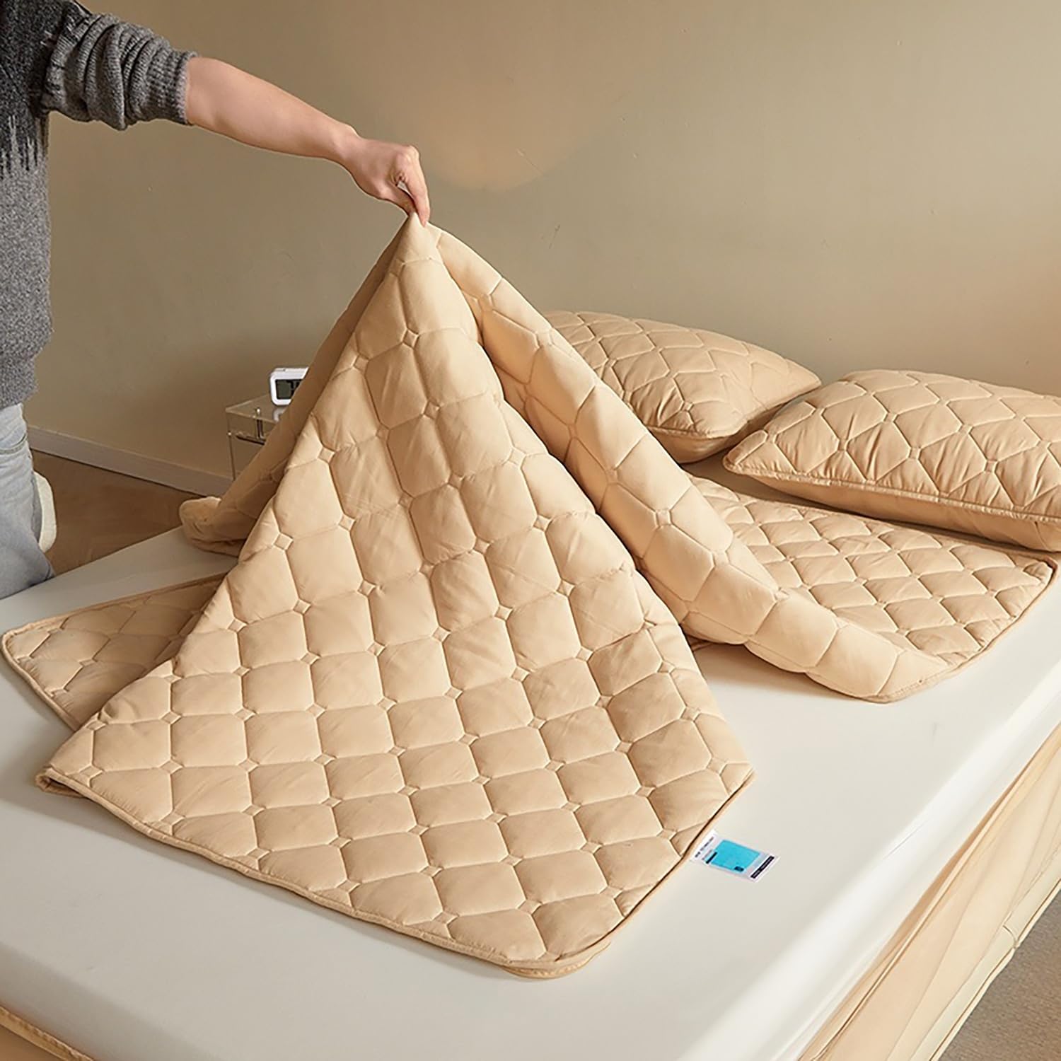 Coprimaterasso con Cerniera - Fodera Materasso Trapuntato, Imbottito, 80x190/90x190/120x190/140x200/160x190 cm, Personalizzabile, Protettivo e Respirante(Cachi,90x200+15cm)