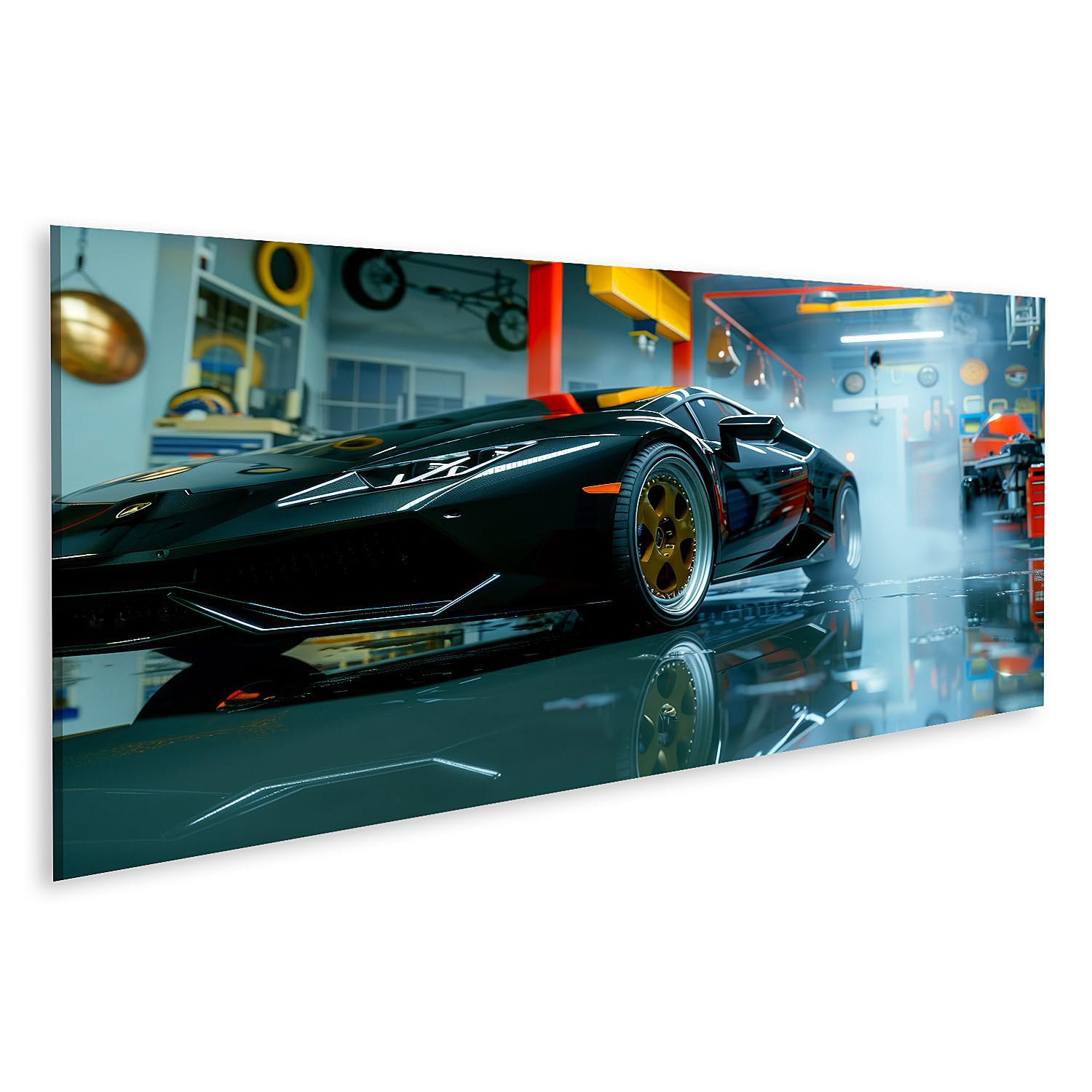 islandburner Pintura Prime en lienzo, coche deportivo de lujo en taller con niebla, garaje, amantes de los coches, salas de exposición de coches, pinturas de pared, póster