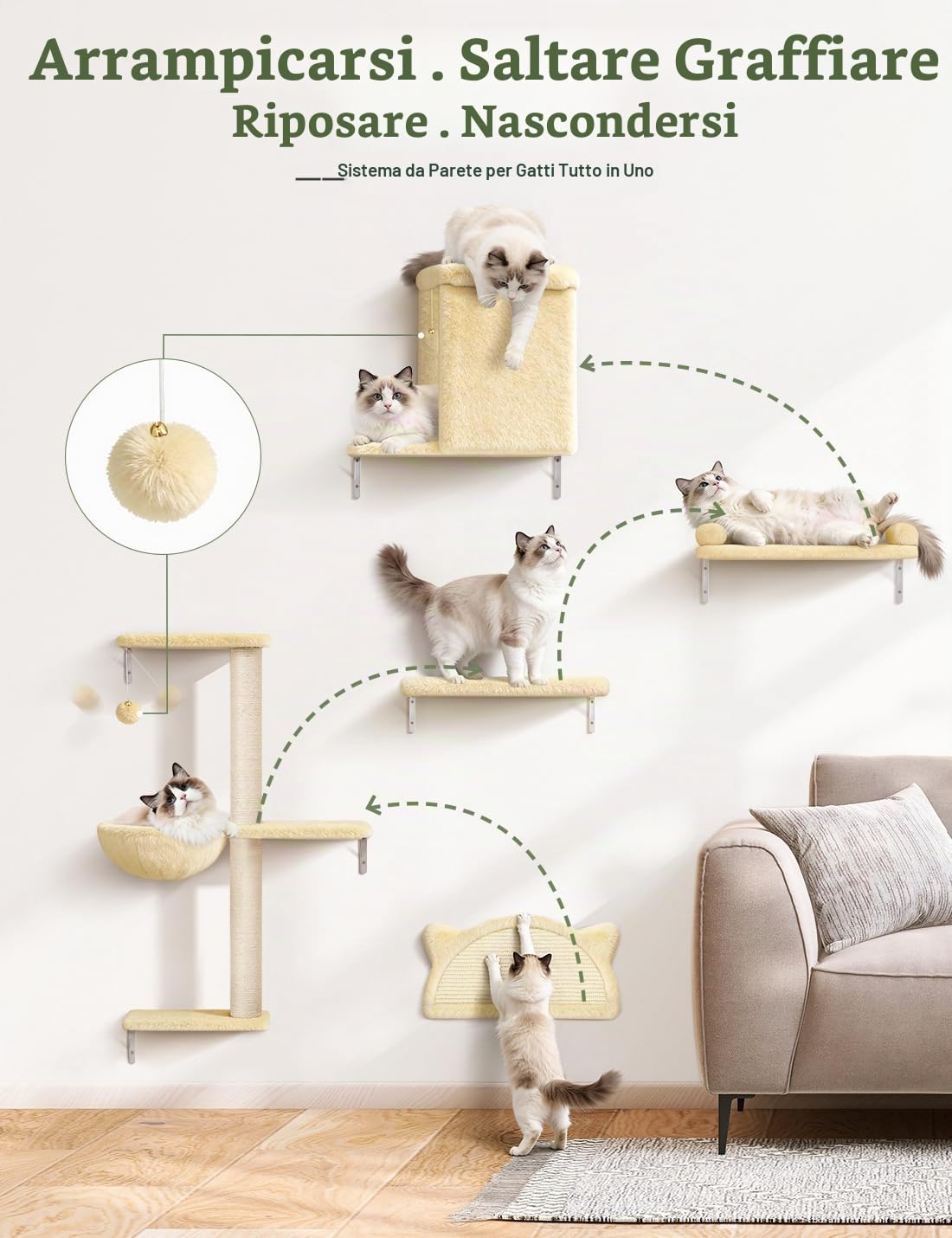 Set Mobili da Parete per Gatti da Arrampicata, Mensole da Parete in 5 Parte, Legno massello, velluto e sisal, portata massima 20 kg, Parete Tiragraffi per Gatti, Beige