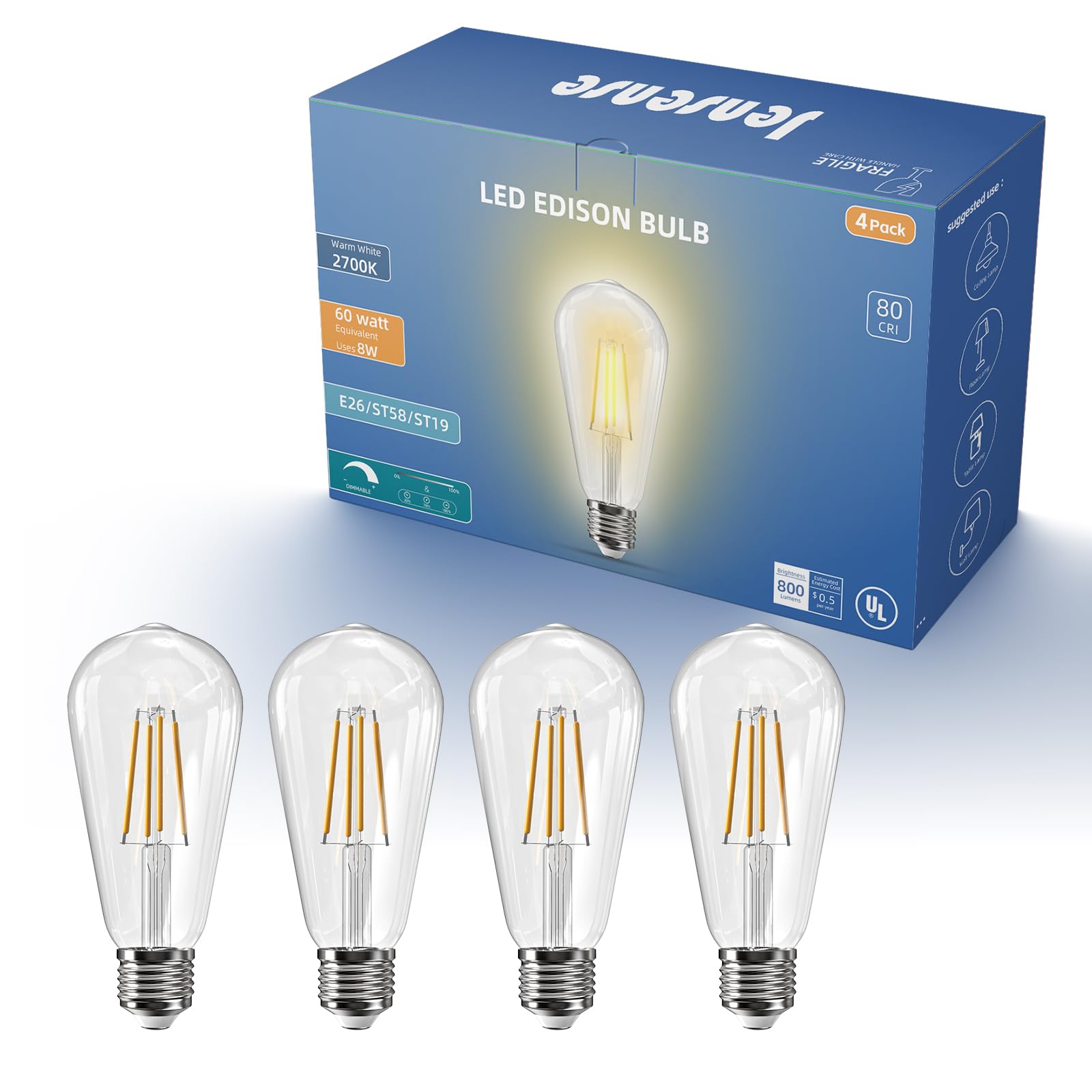 Jensense Edison Bulbs E26 LED Bulb 60 Watt Equivalent, Vintage LED Light Bulbs CRI90+ ST19, Dimmable Clear Light Bulbs (2700k Warm White, 8watt-4 Pack)