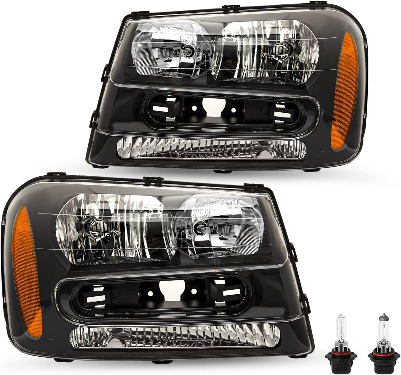 SOCKIR Headlight Assembly Fits for 2002-2009 Chevy Trailblazer with Full Length Grill Bar Driver Passenger Side Black Housing w/Bulbs Included